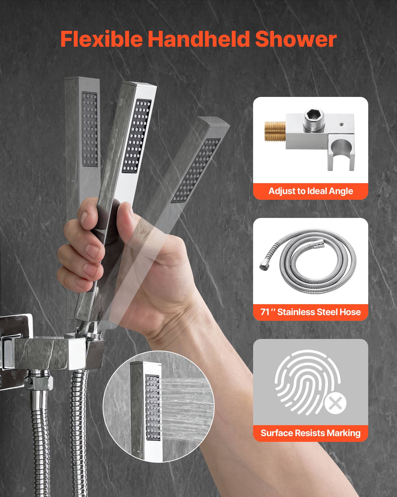 Flexible Handheld Shower, Adjust to Ideal Angle, 71" Stainless Steel Hose, Surface Resists Marking