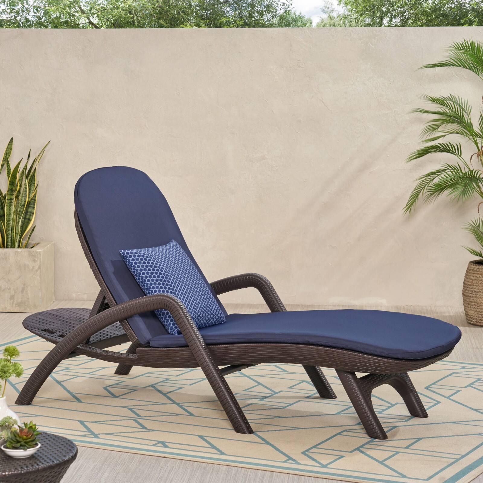 Alt View 1. Ecooso - Weather-Resistant Plastic Chaise Lounge with Wicker-Like Texture, Cushion, Ergonomic Design, and Stable Support Frame - Dark Brown.