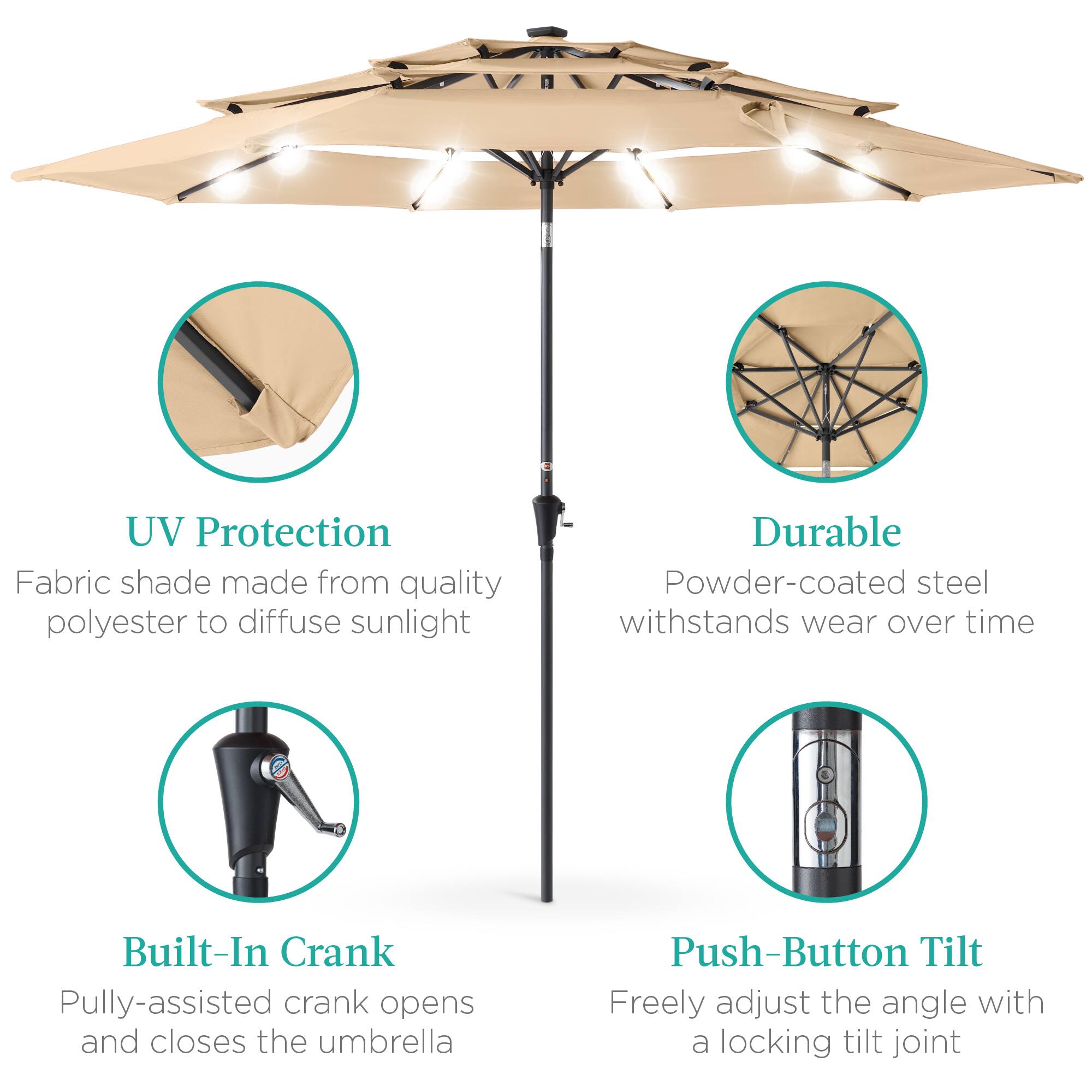 - UV Protection  
  Fabric shade made from quality polyester to diffuse sunlight

- Durable  
  Powder-coated steel withstands wear over time

- Built-In Crank  
  Pully-assisted crank opens and closes the umbrella

- Push-Button Tilt  
  Freely adjust the angle with a locking tilt joint