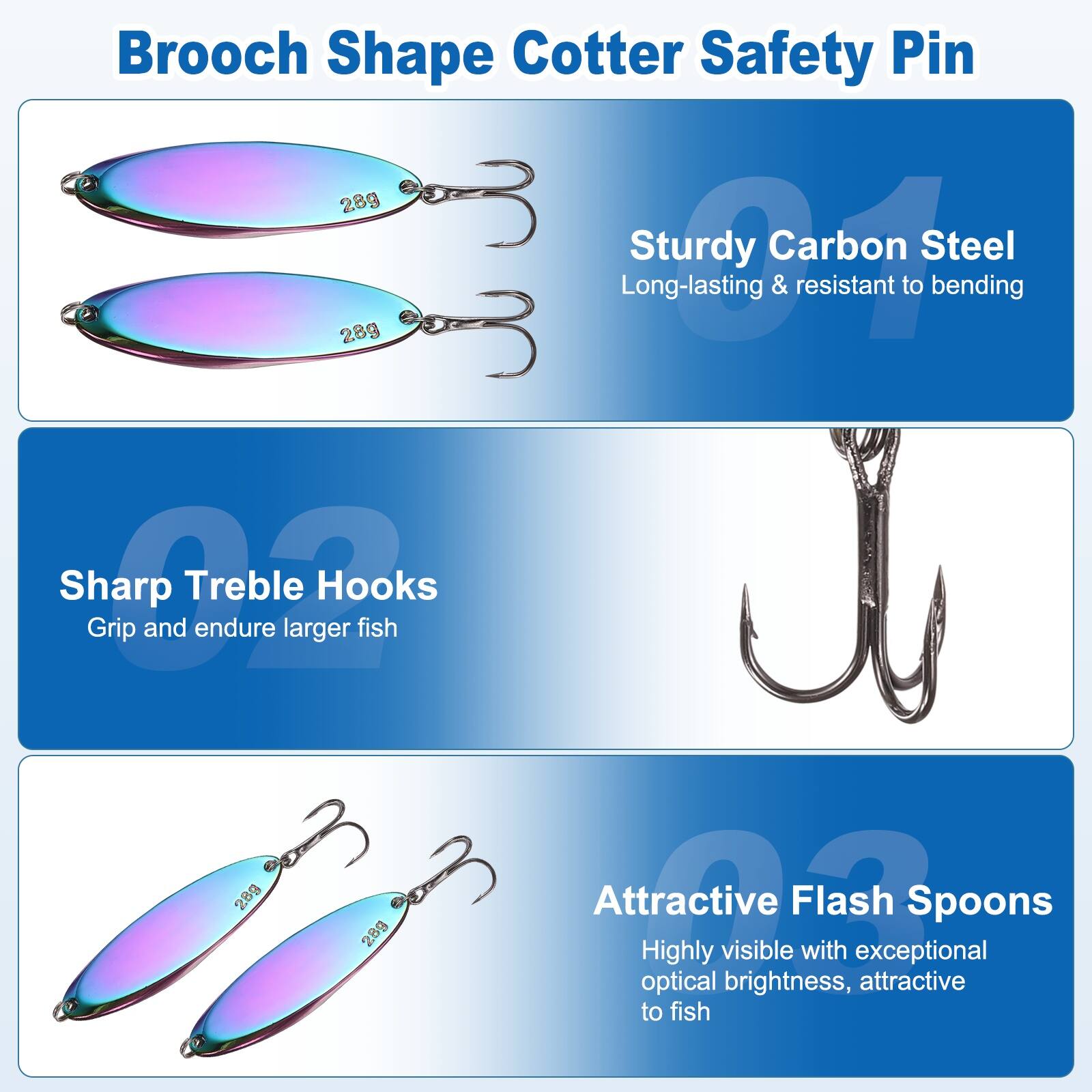 Brooch Shape Cotter Safety Pin

- 28g Sturdy Carbon Steel
  - Long-lasting & resistant to bending

- 28g Sharp Treble Hooks
  - Grip and endure larger fish

- 28g Attractive Flash Spoons
  - Highly visible with exceptional optical brightness, attractive to fish