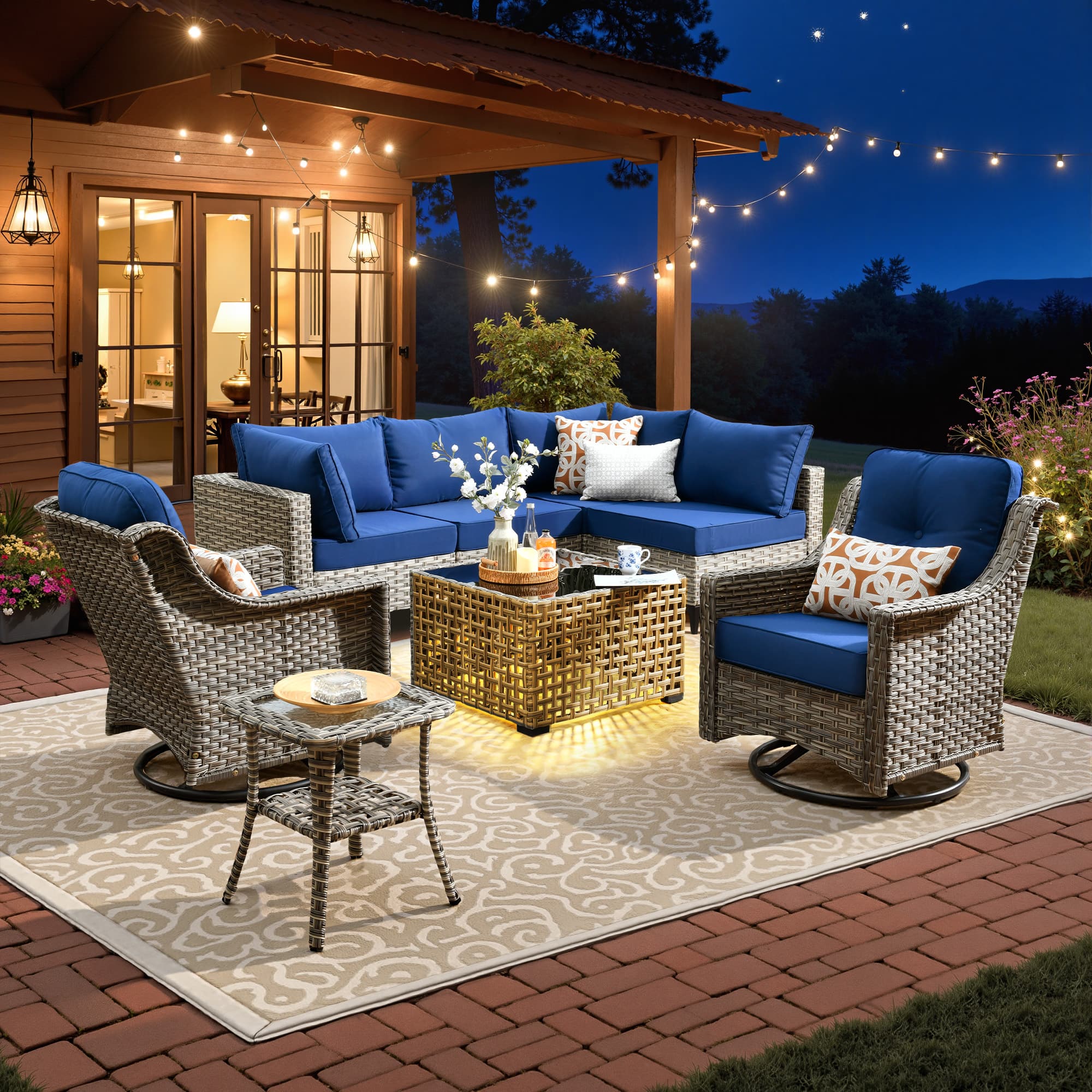 Ovios - 8 PCS Patio Furniture Set Outdoor Sectional Sofa Couch Swivel Chairs with Solar Coffee Table - Navy Blue