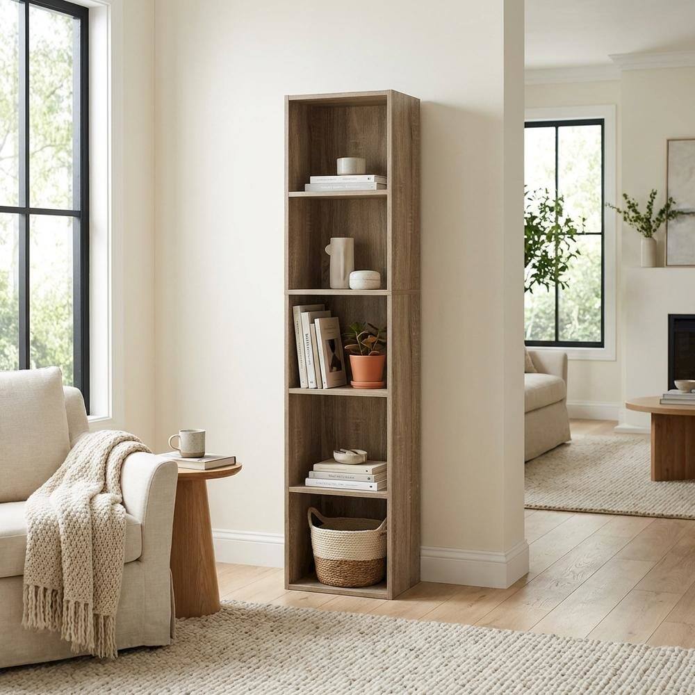 Back. FurniFact - Rustic French Oak 5-Tier Open Shelf Bookcase with Durable Wood Construction - French Oak.