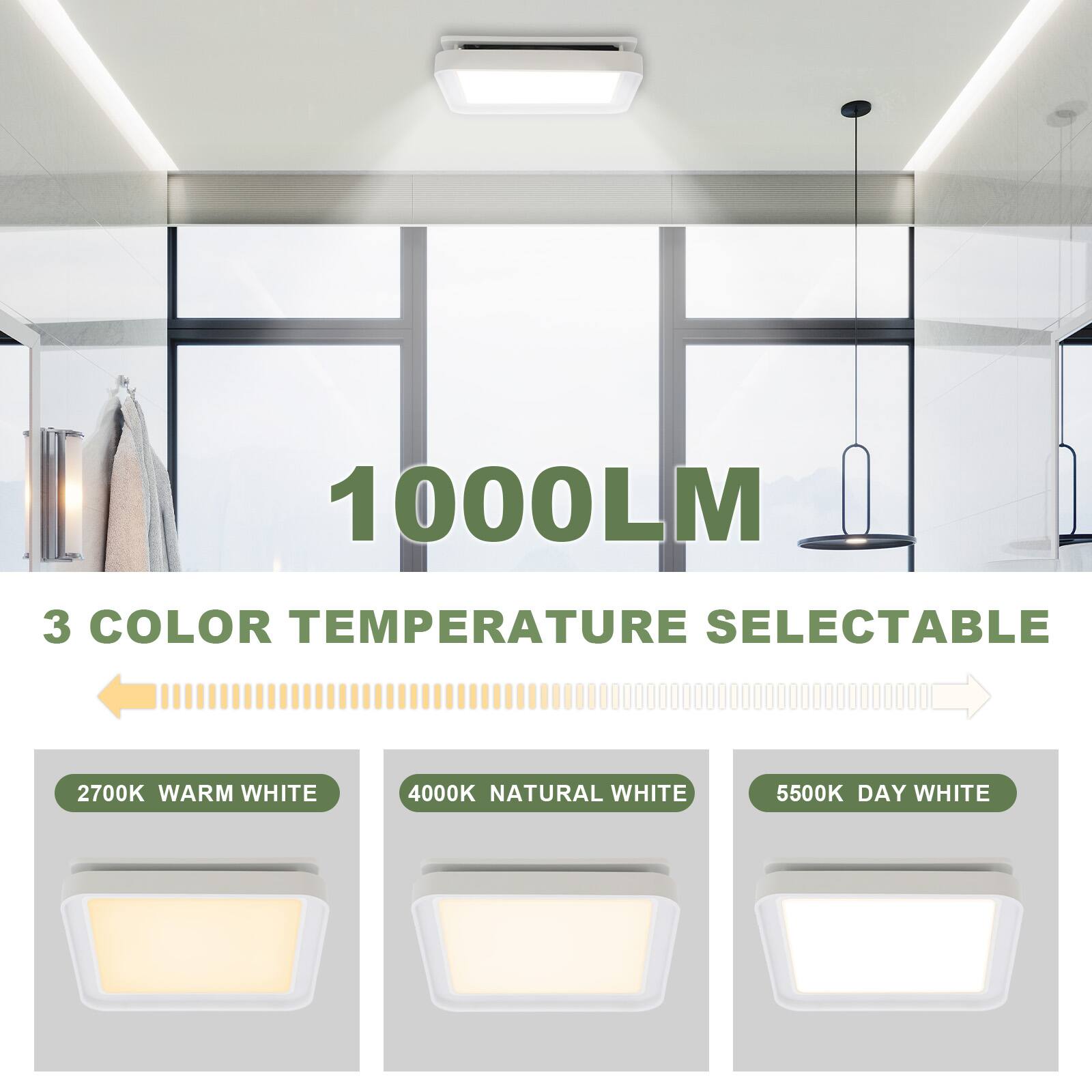 1000LM  
3 COLOR TEMPERATURE SELECTABLE  
2700K WARM WHITE  
4000K NATURAL WHITE  
5500K DAY WHITE
