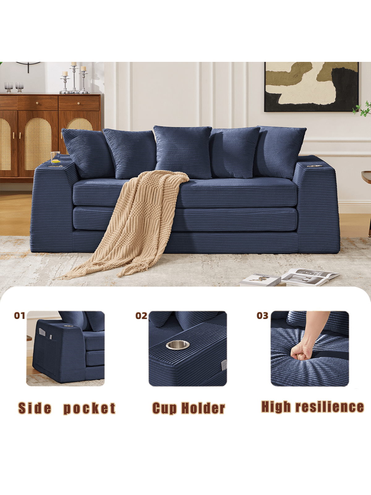 01 Side pocket  
02 Cup Holder  
03 High resilience