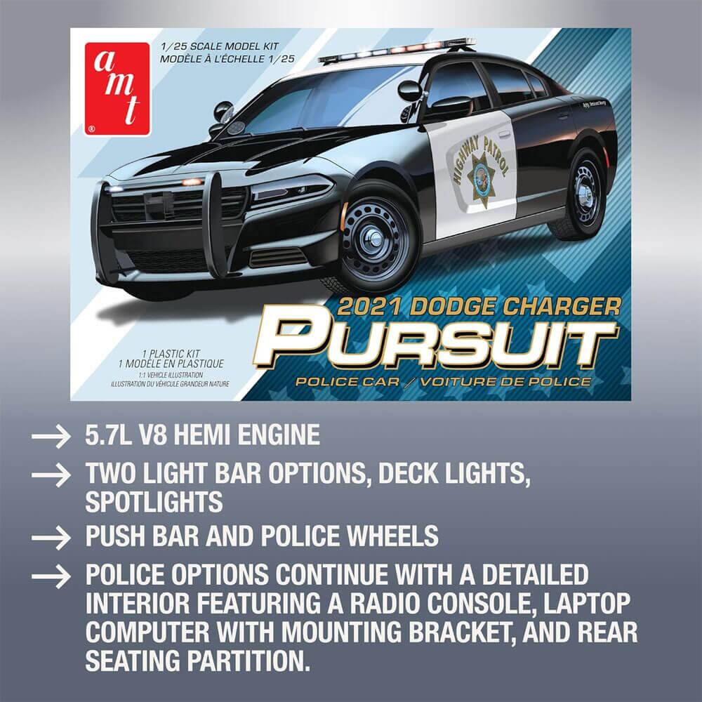 Sure, here is the corrected and grouped text:

---

**1/25 Scale Model Kit**  
**Modèle à l'échelle 1/25**

**2021 Dodge Charger Pursuit**  
**Police Car / Voiture de Police**

**Plastic Kit**  
**Modèle en plastique**

**Illustration du véhicule grandeur nature**

- **5.7L V8 HEMI Engine**
- **Two Light Bar Options, Deck Lights, Spotlights**
- **Push Bar and Police Wheels**
- **Police Options Continue with a Detailed Interior Featuring a Radio Console, Laptop Computer with Mounting Bracket, and Rear Seating Partition.**

---

This text is now properly grouped and corrected for clarity.