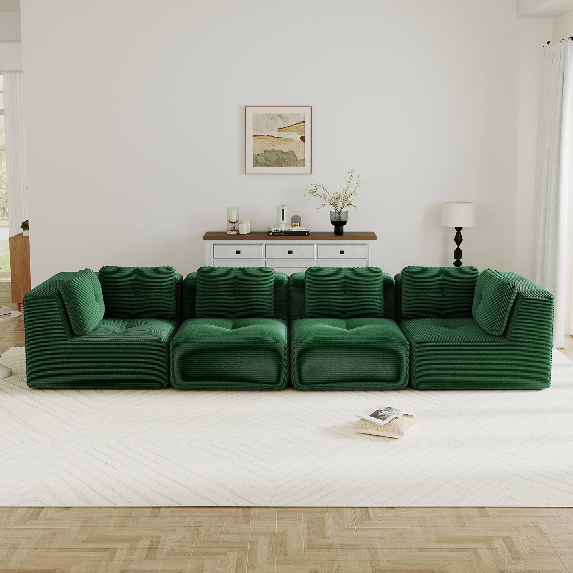 Left. LOVMOR - 4 Seater Corduroy Modular Sectional Couch Deep Seat No Assembly Compressed Pack Anti Slip Tufted For Soft Home - Green.