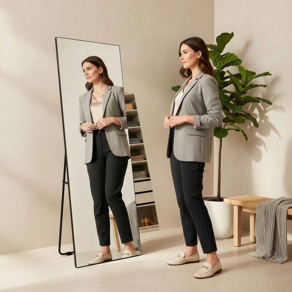 Front. Kadyn - 58x18 Inch Slim Frameless Full-Length LED Wall Mirror for Bedroom - Black.