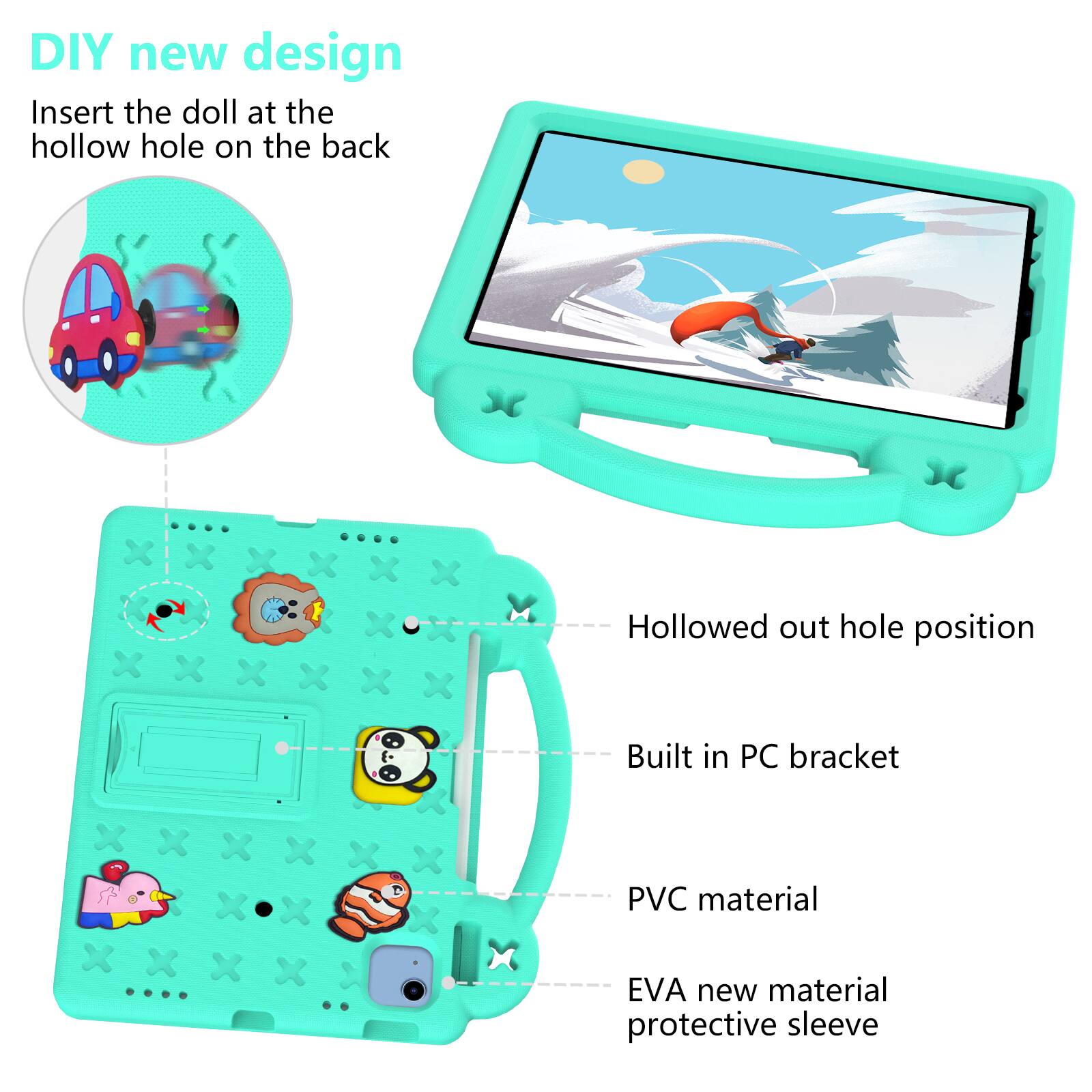 DIY new design  
Insert the doll at the hollow hole on the back  

- Hollowed out hole position  
- Built in PC bracket  
- PVC material  
- EVA new material protective sleeve