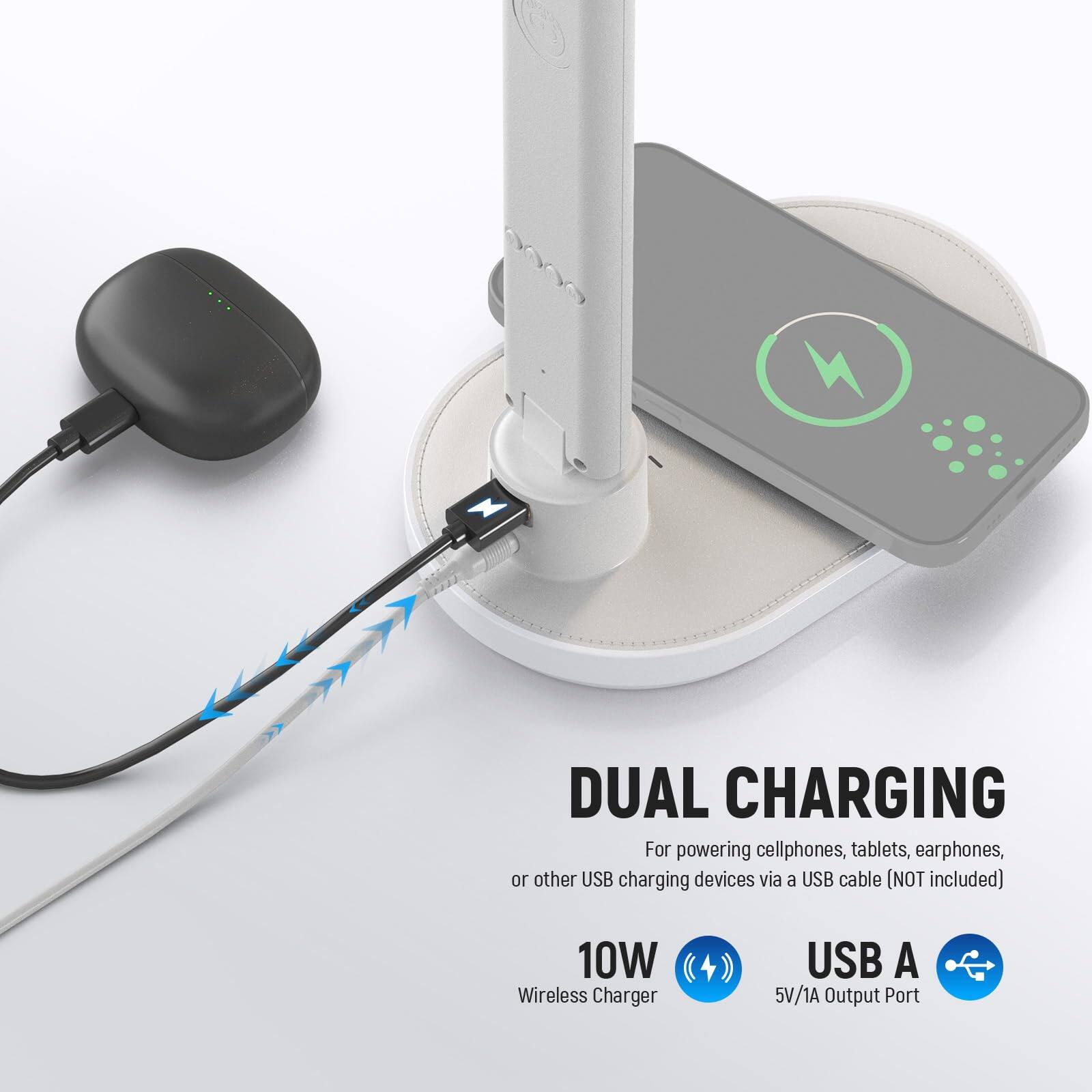DUAL CHARGING  
For powering cellphones, tablets, earphones, or other USB charging devices via a USB cable (NOT included)  

10W Wireless Charger  
USB A 5V/1A Output Port