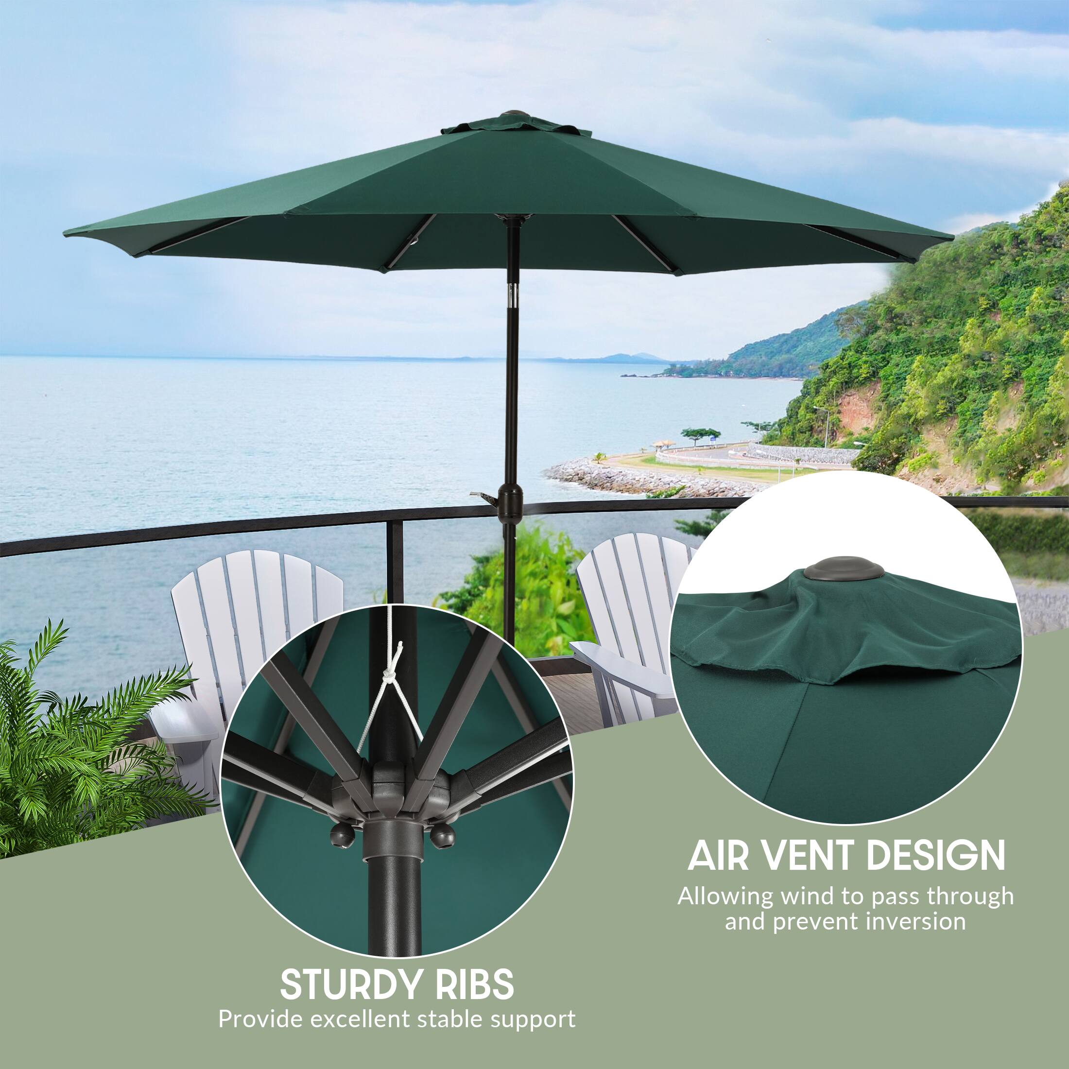 AIR VENT DESIGN  
Allowing wind to pass through and prevent inversion  

STURDY RIBS  
Provide excellent stable support