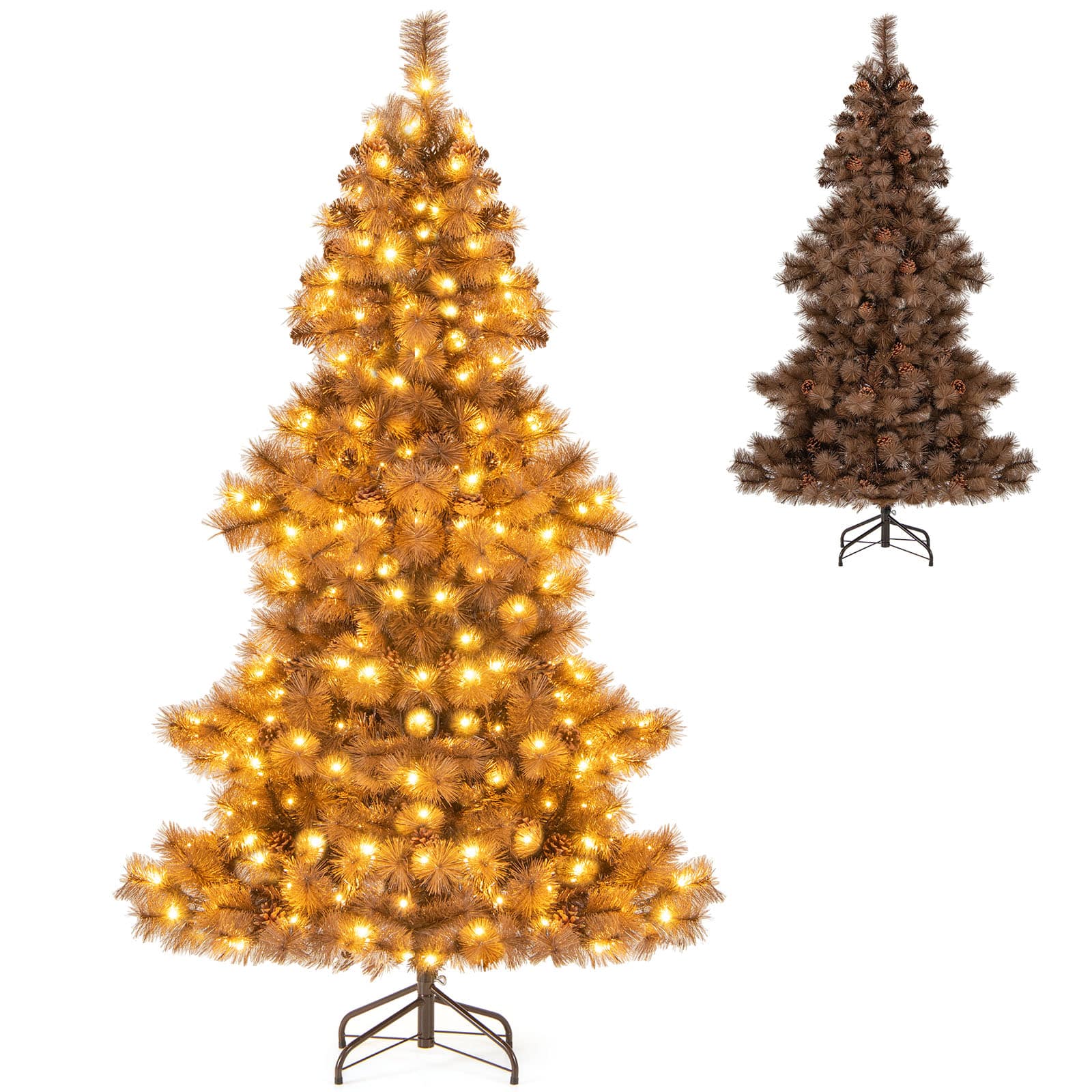 Gymax - 6 FT Pre-Lit Artificial Christmas Tree Hinged Chocolate-Color Xmas Tree w/ 493 Pine Needles & PVC Tips - Brown