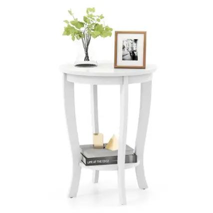 The image features a white table with a vase of flowers and a picture frame on it. The table has a small shelf underneath it, which is holding a book. The book is titled "Life at the Edge."
