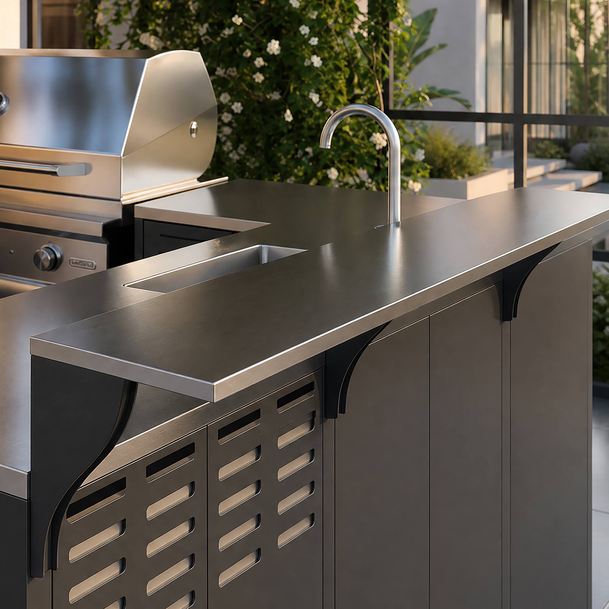 Alt View 5. Famapy - Modular L-Shaped Outdoor Kitchen Set with 304 SS Countertop, Grill Base & Sink Bar for Backyard Patio BBQ Storage.