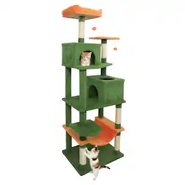 Costway - 70" Cat Tree for Indoor Cats with Padded Top Perch, Dual Condos, Hammock, Platforms - Green
