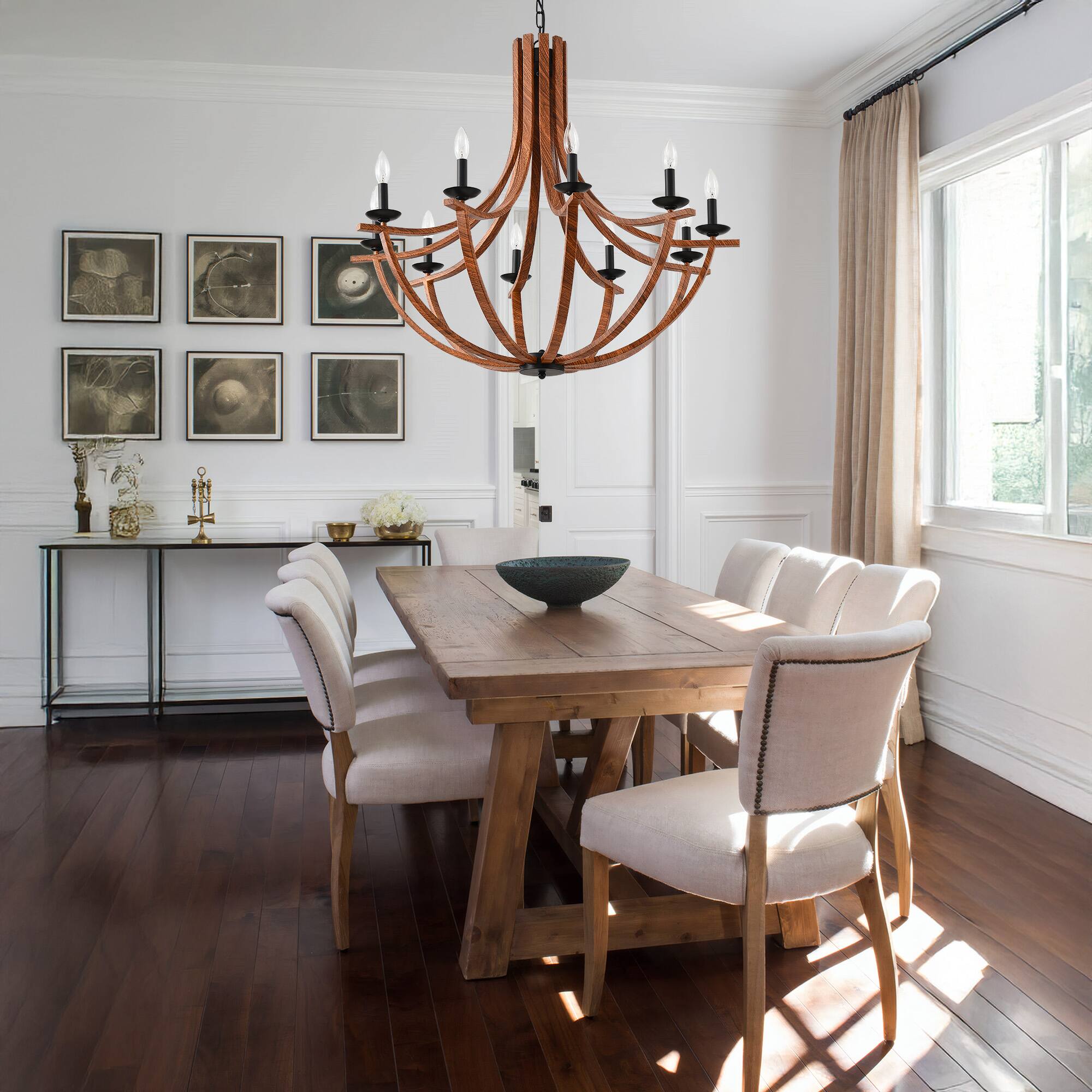 Alt View 3. RYHNUYNE - 35"Farmhouse Chandelier,10-Light Dining Room Light Fixture,Rustic Chandelier Wooden Light Fixtures for Living Room - Brown.