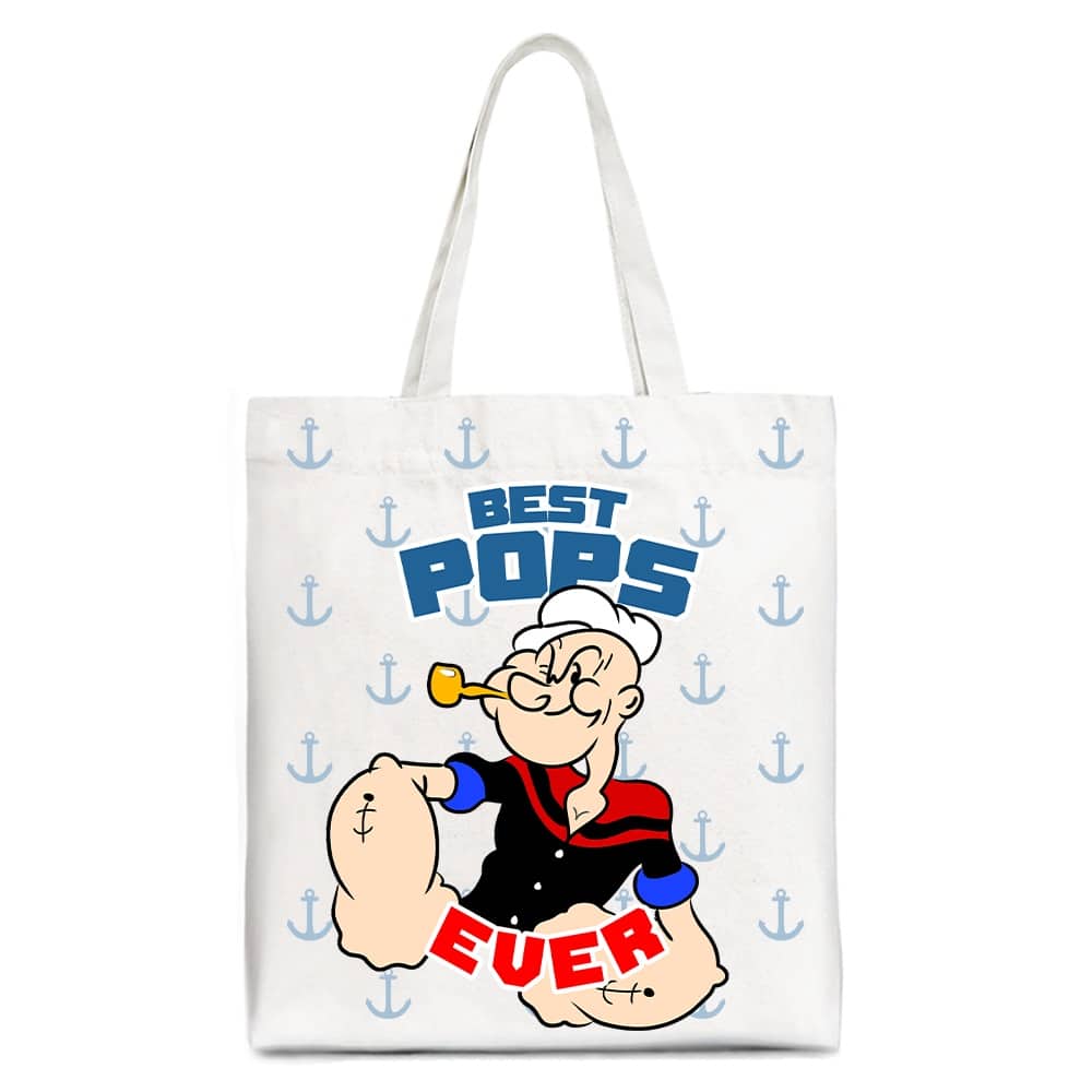 OrnamentallyYou - Best Pops Ever Canvas Tote Bag, Classic Popeye the Sailorman Dad Gift Bag for Fun and Strong Dads - White