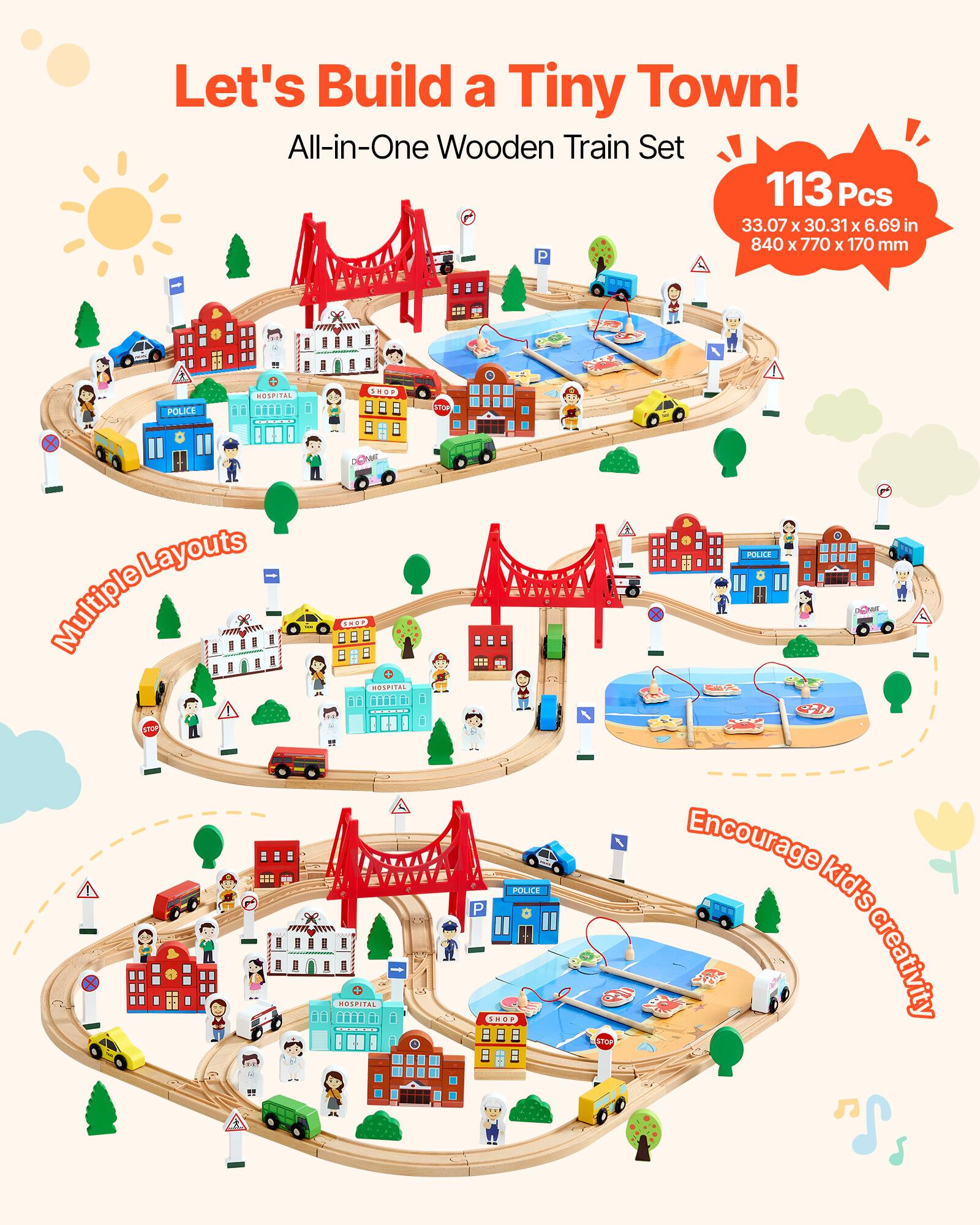 Let's Build a Tiny Town!  
All-in-One Wooden Train Set  
113 Pcs  
33.07 x 30.31 x 6.69 in  
840 x 770 x 170 mm  

Multiple Layouts  
Encourage kid's creativity