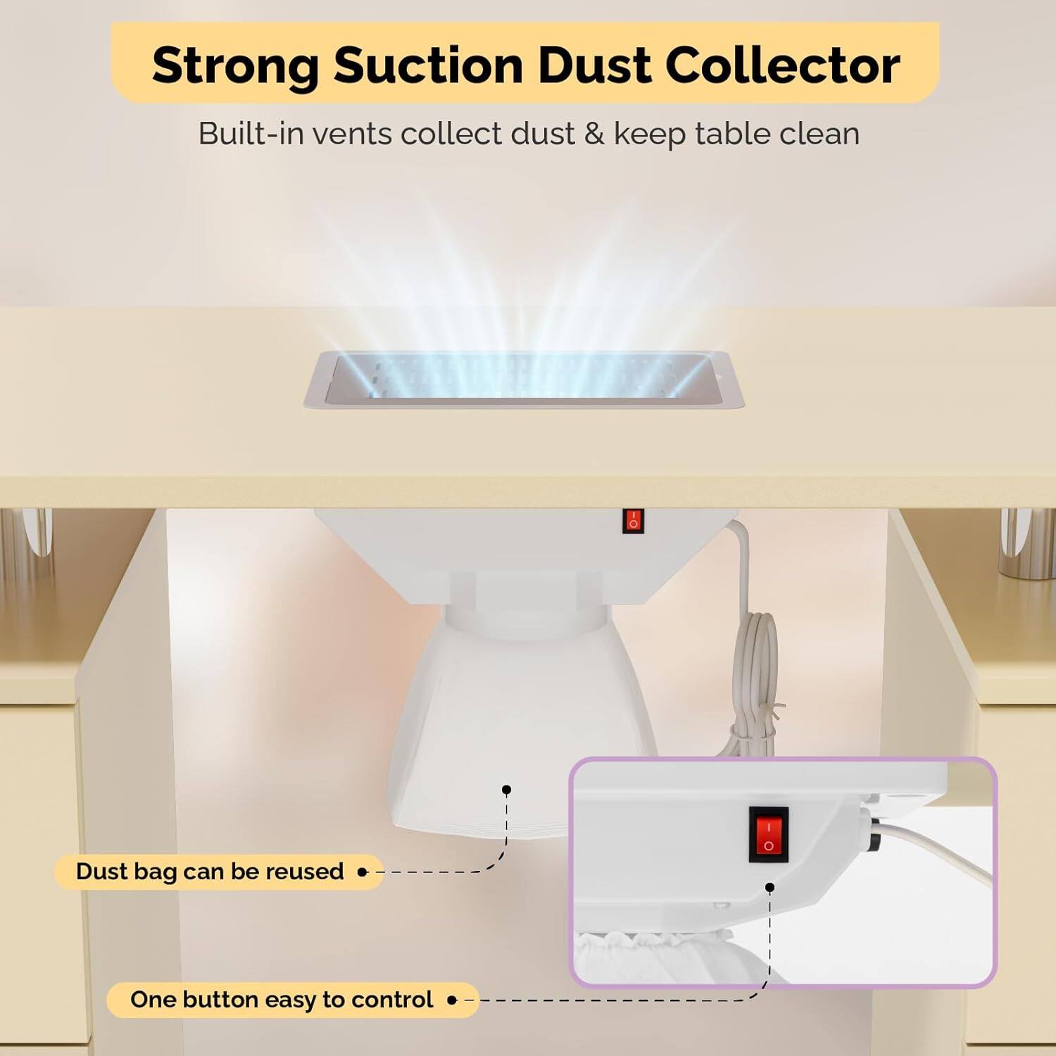 Strong Suction Dust Collector  
Built-in vents collect dust & keep table clean  

- Dust bag can be reused  
- One button easy to control