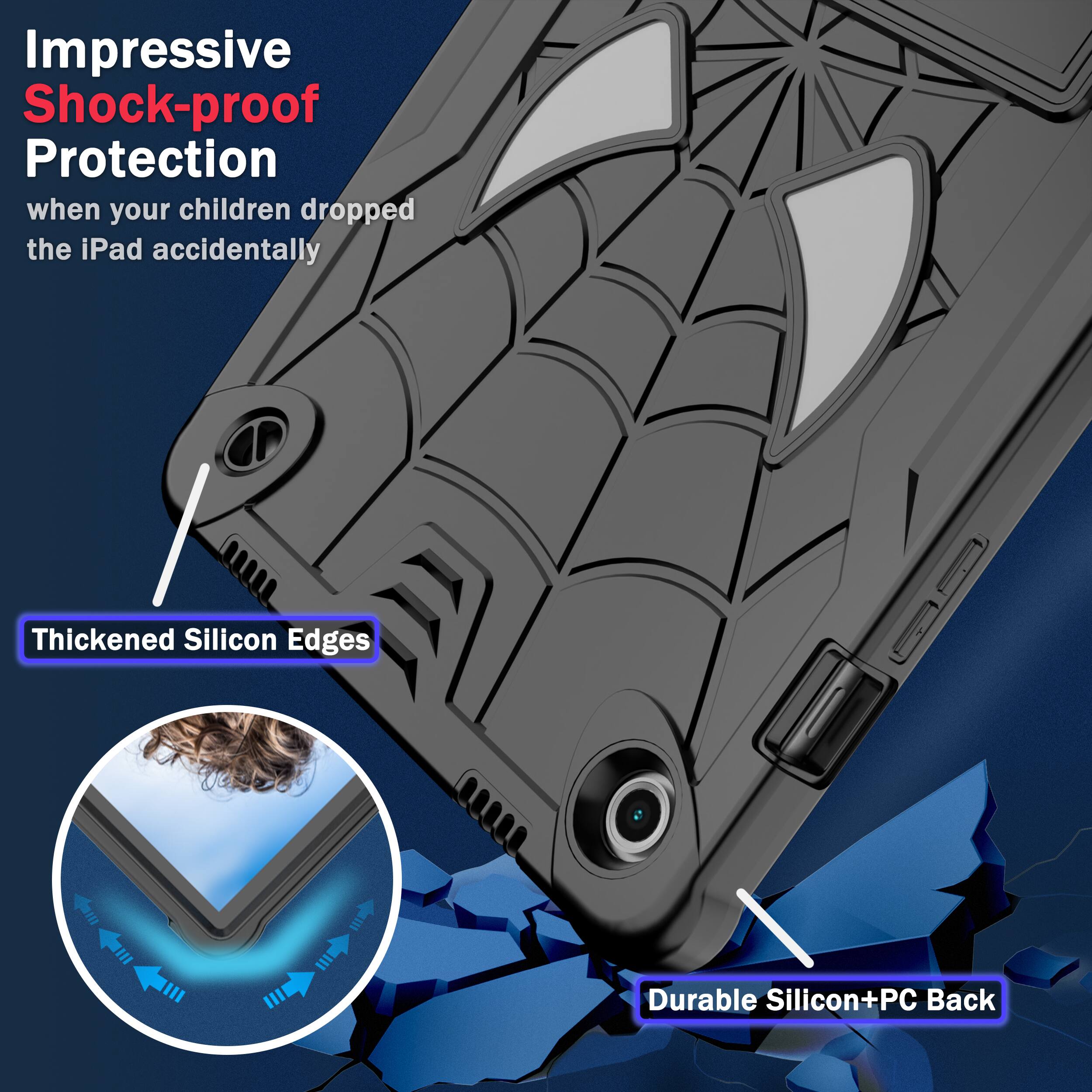 Impressive Shock-proof Protection when your children dropped the iPad accidentally  
Thickened Silicon Edges  
Durable Silicon+PC Back