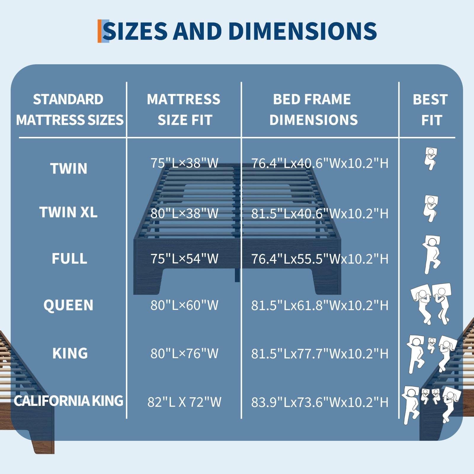 SIZES AND DIMENSIONS

STANDARD MATTRESS SIZES

- TWIN
  - MATTRESS SIZE FIT: 75"Lx38"W
  - BED FRAME DIMENSIONS: 76.4"Lx40.6"Wx10.2"H
  - BEST FIT: [Icon of a single person]

- TWIN XL
  - MATTRESS SIZE FIT: 80"Lx38"W
  - BED FRAME DIMENSIONS: 81.5"Lx40.6"Wx10.2"H
  - BEST FIT: [Icon of a single person]

- FULL
  - MATTRESS SIZE FIT: 75"Lx54"W
  - BED FRAME DIMENSIONS: 76.4"Lx55.5"Wx10.2"H
  - BEST FIT: [Icon of two people]

- QUEEN
  - MATTRESS SIZE FIT: 80"Lx60"W
  - BED FRAME DIMENSIONS: 81.5"Lx61.8"Wx10.2"H
  - BEST FIT: [Icon of two people]

- KING
  - MATTRESS