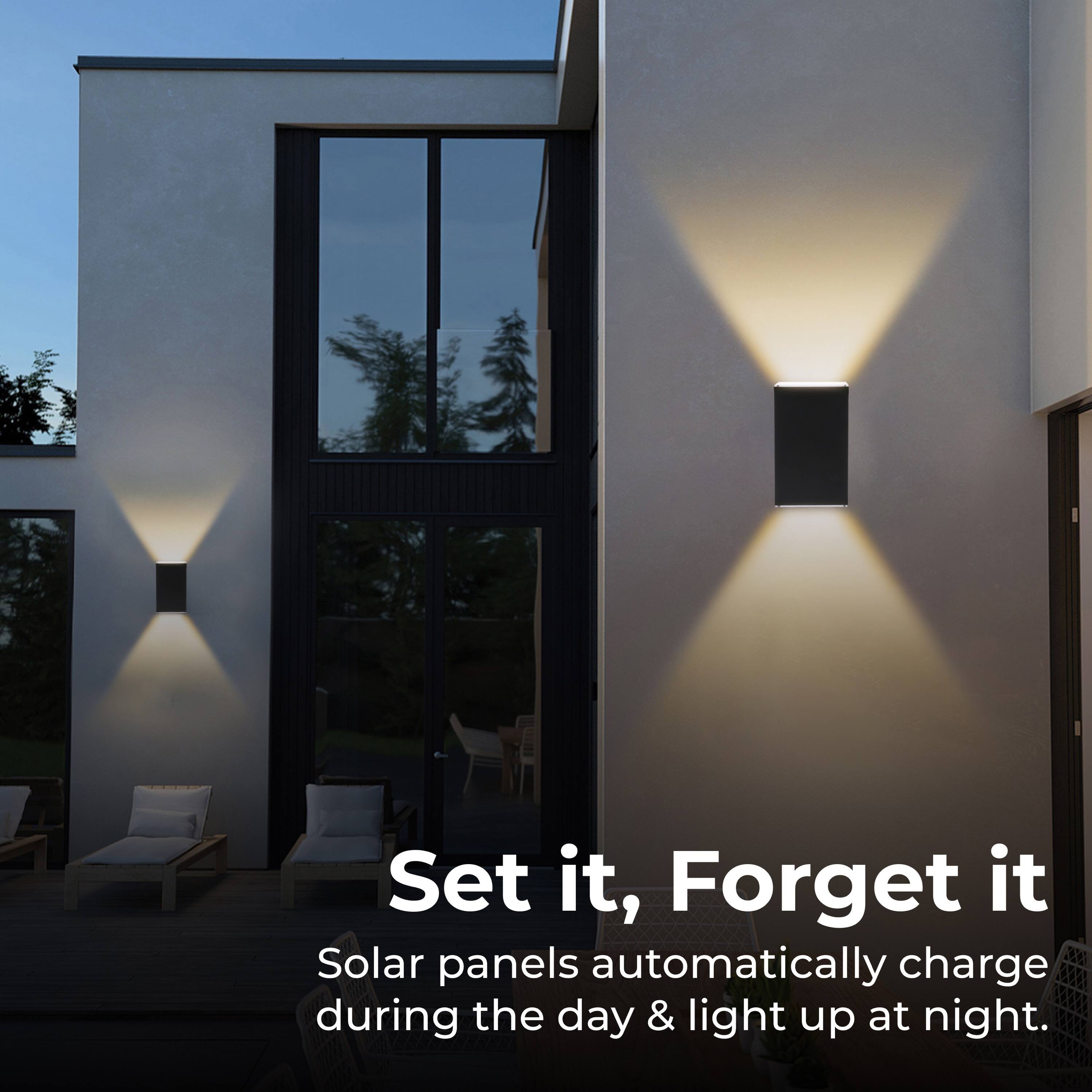Set it, Forget it. Solar panels automatically charge during the day & light up at night.