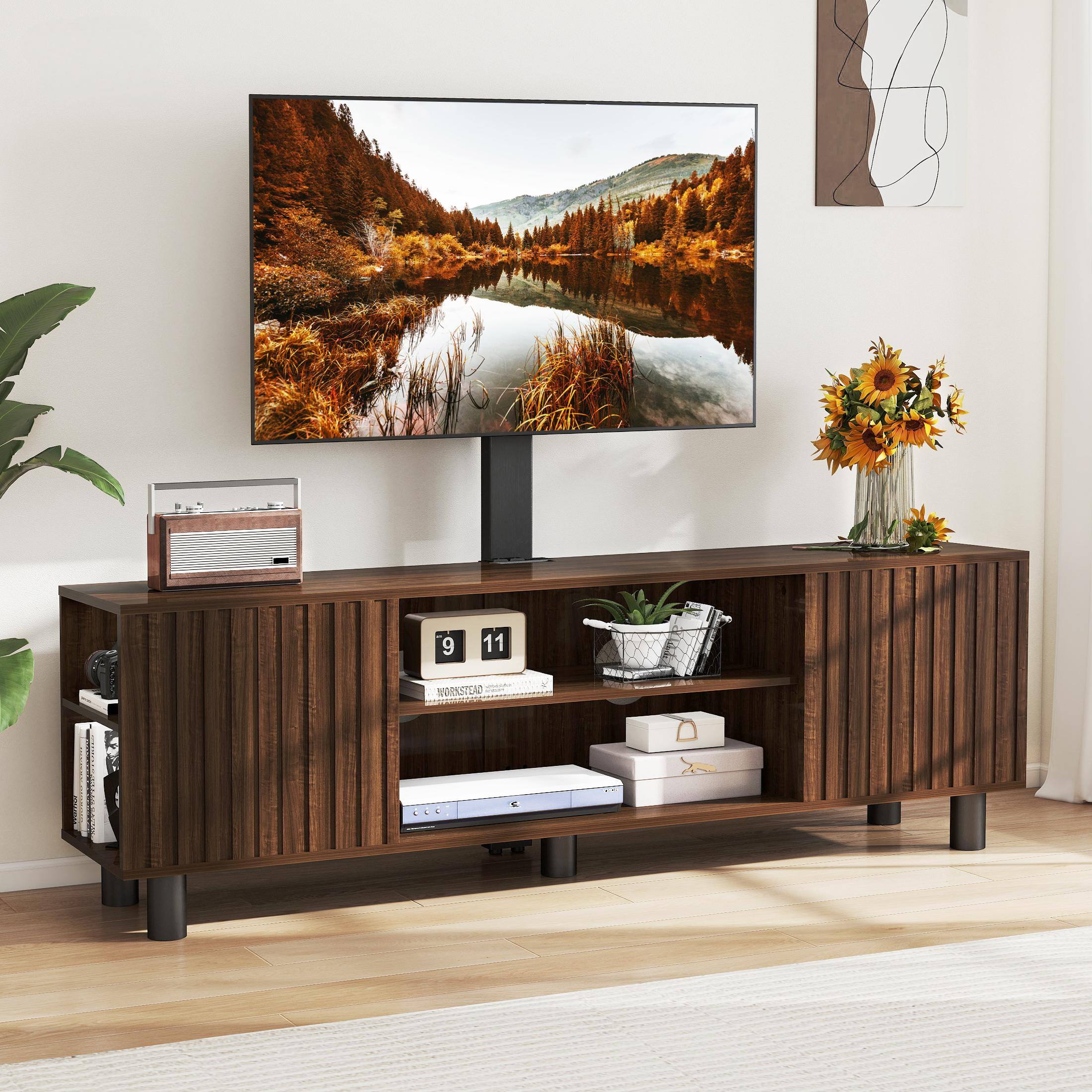 Alt View 7. Skyzoo - Skyzoo TV Stand with Swivel Mount & Power Outlet for 50/55/65" TVs, Height Adjustable, Walnut Finish for Living Room - Walnut.