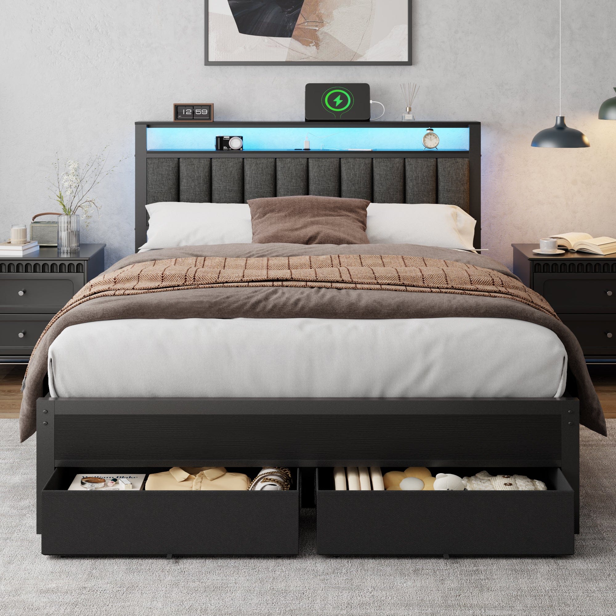 Furnulem - Upholstered Bed Frame with 2 Storage Drawers Modern Platform Bed with Charging Station & LED Light - Black