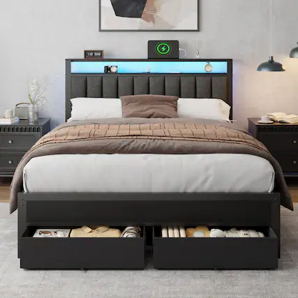 Front. Furnulem - Upholstered Bed Frame with 2 Storage Drawers Modern Platform Bed with Charging Station & LED Light - Black.
