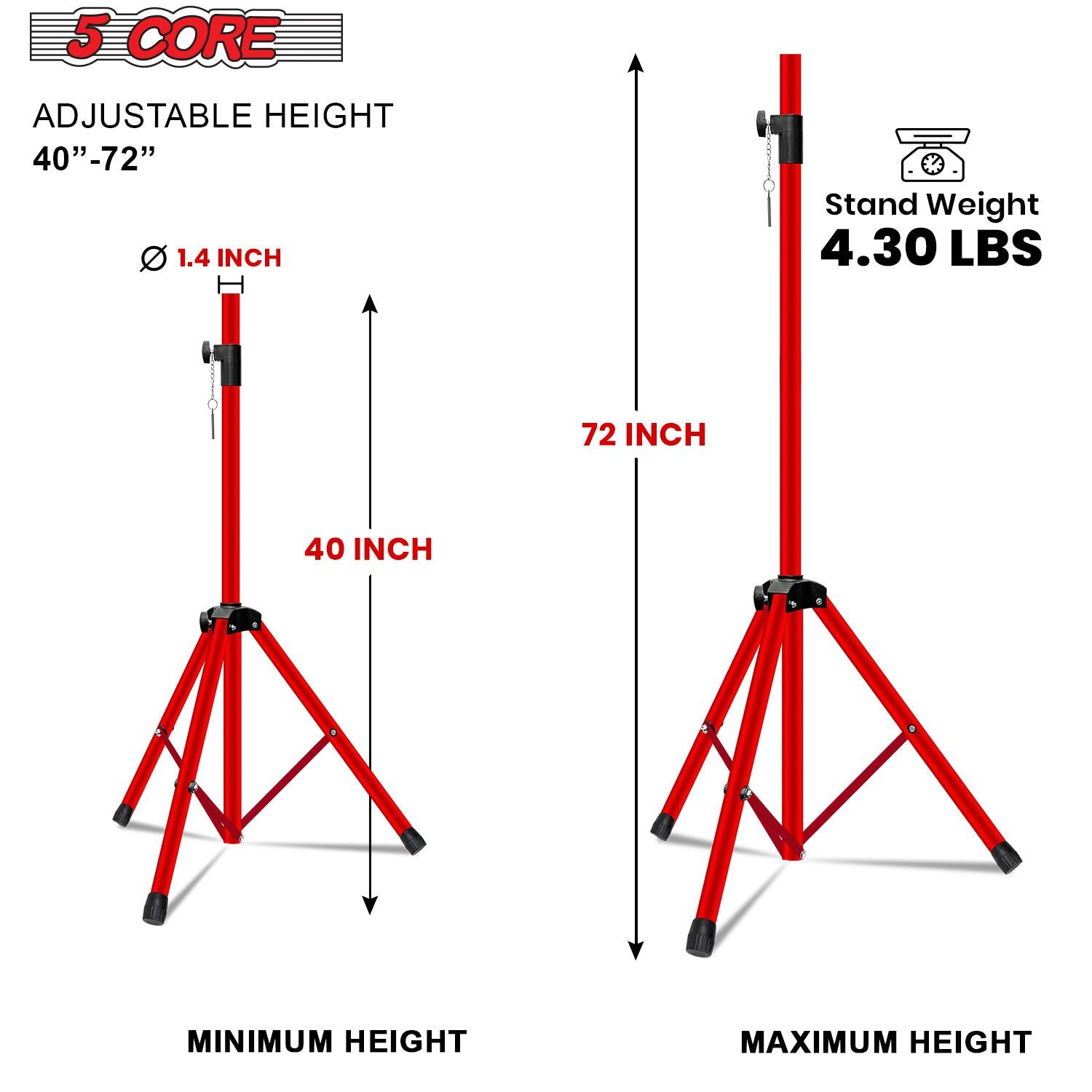 The corrected text is:

- 5 CORE Adjustable Height: 40"-72"
- 1.4 Inch Stand
- Weight: 4.30 LBS
- Minimum Height: 40 INCH
- Maximum Height: 72 INCH