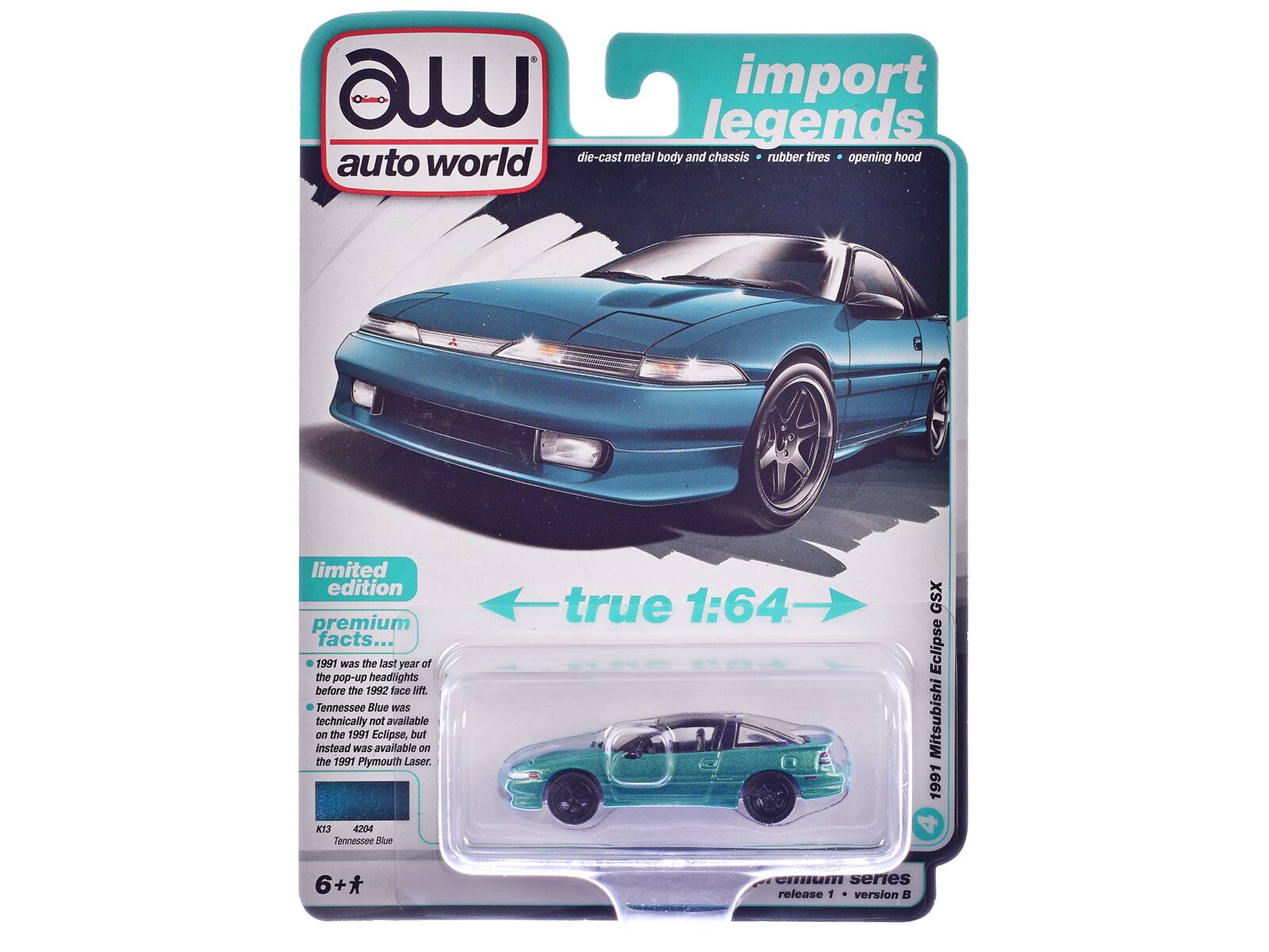 Autoworld 1991 Mitsubishi Eclipse GSX Tennessee Blue Metallic with