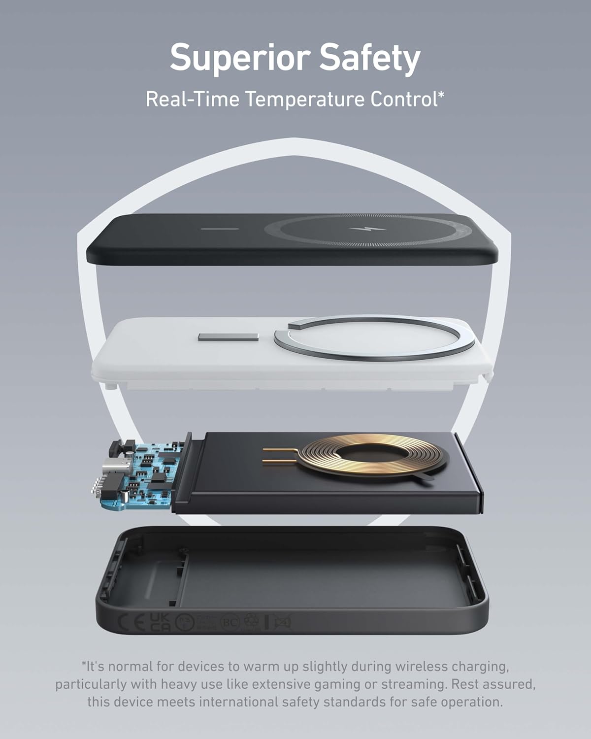 Superior Safety  
Real-Time Temperature Control*

It's normal for devices to warm up slightly during wireless charging, particularly with heavy use like extensive gaming or streaming. Rest assured, this device meets international safety standards for safe operation.