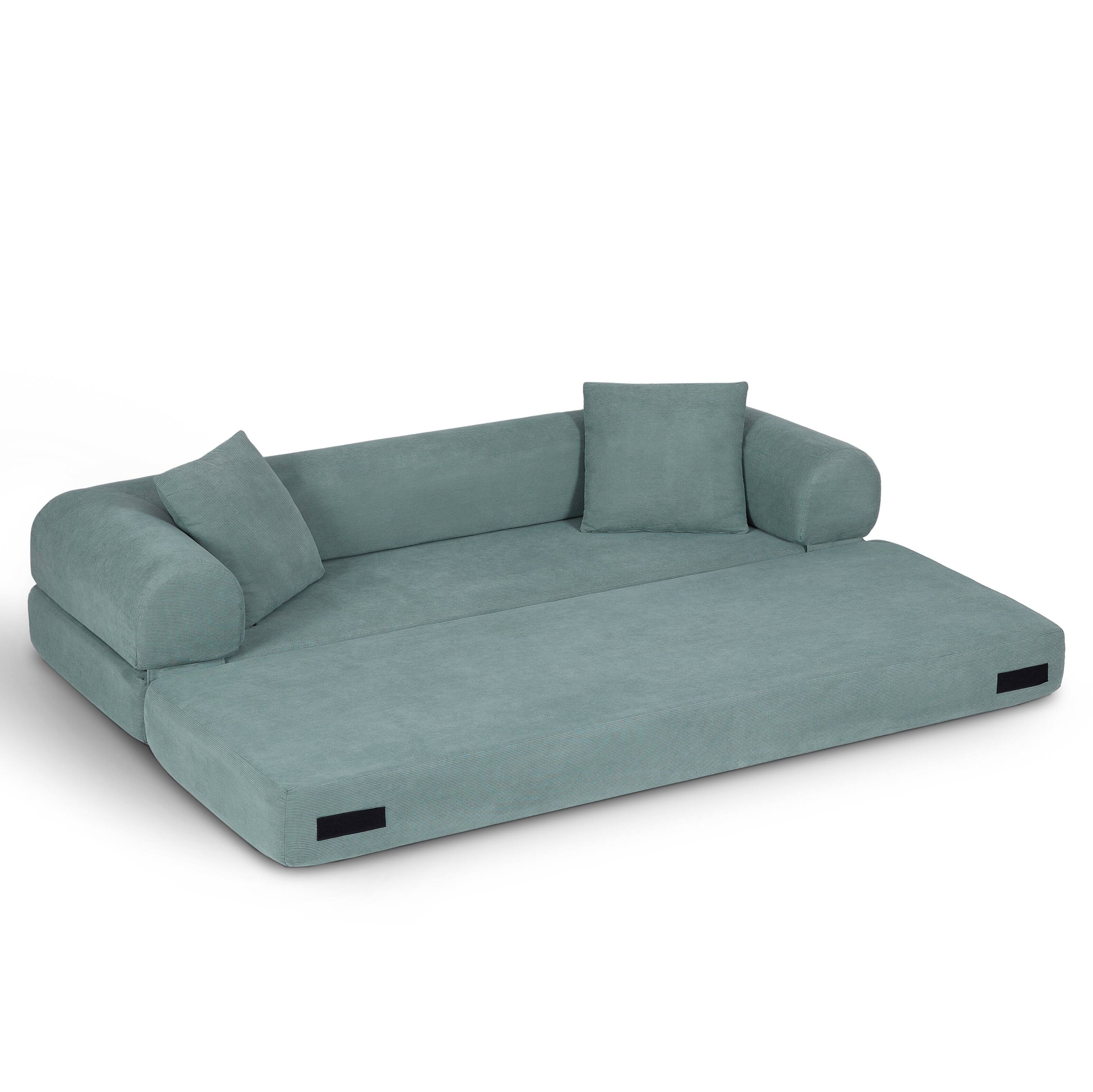 Back. Loheer - Loheer 80 Inch Corduroy Convertible Sofa Bed Queen Sleeper Couch with Storage Fold Out Boneless Sofa in a Box - Light Green.