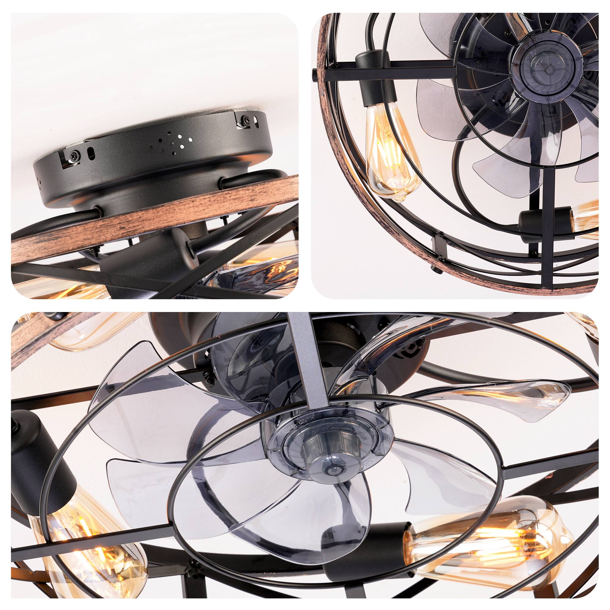 Alt View 5. Sofucor - Farmhouse Ceiling Fans w/ Light Remote Flush Mount Rustic Ceiling Fan Boho Bladeless Country Caged Ceiling Light Fixture - Light Gold.