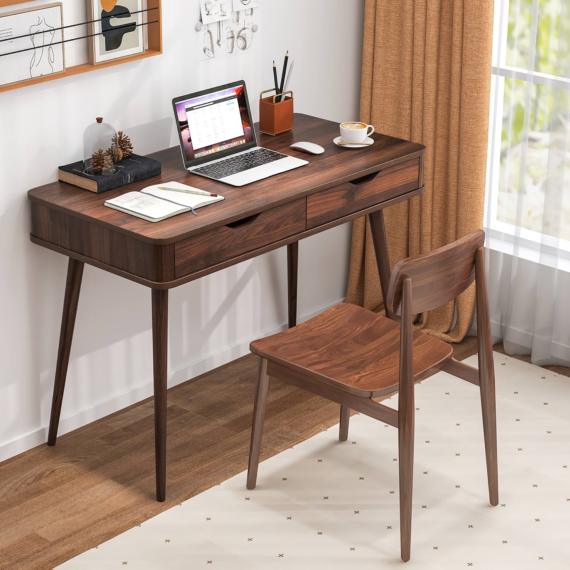 Alt View 4. Gymax - Gymax Mid-Century Computer Desk Study Workstation Study Laptop Table 2 Drawers - Walnut.