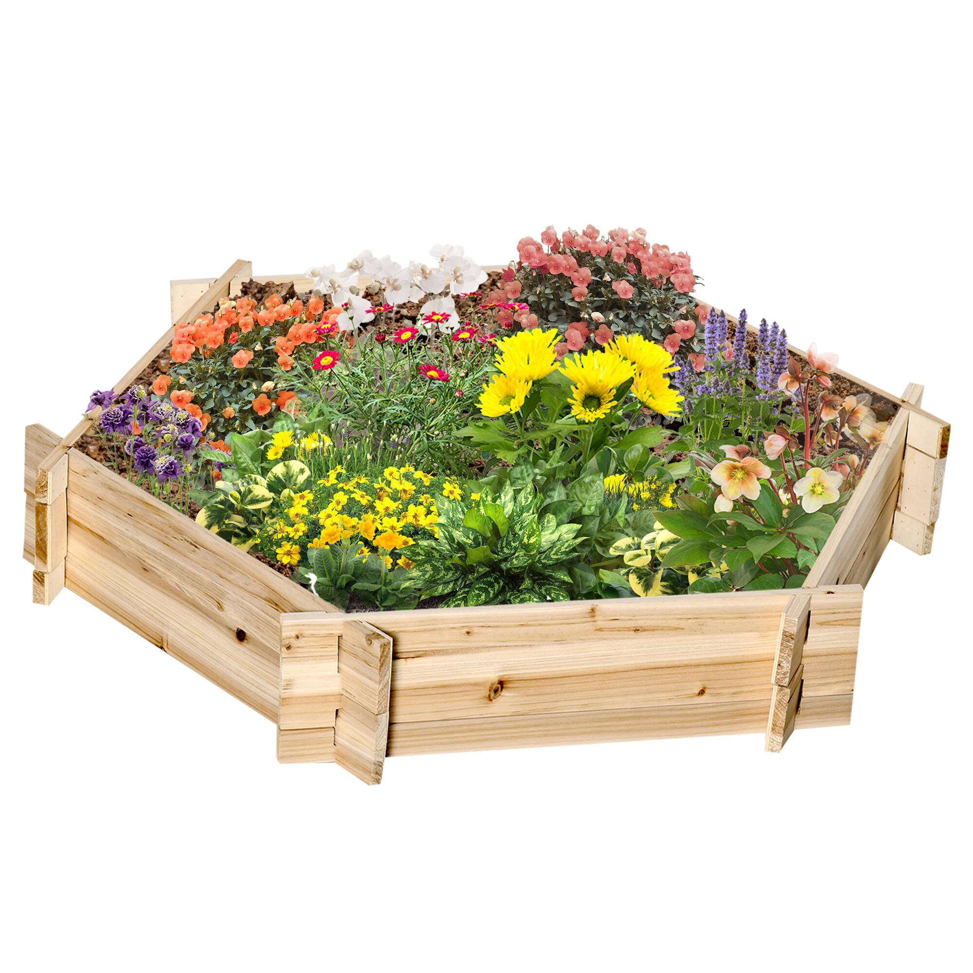 Front. Outsunny - Wooden Raised Garden Bed, Hexagon Screwless Outdoor Planter Box Plants, Vegetables, Flowers, Herbs - Natural wood finish.