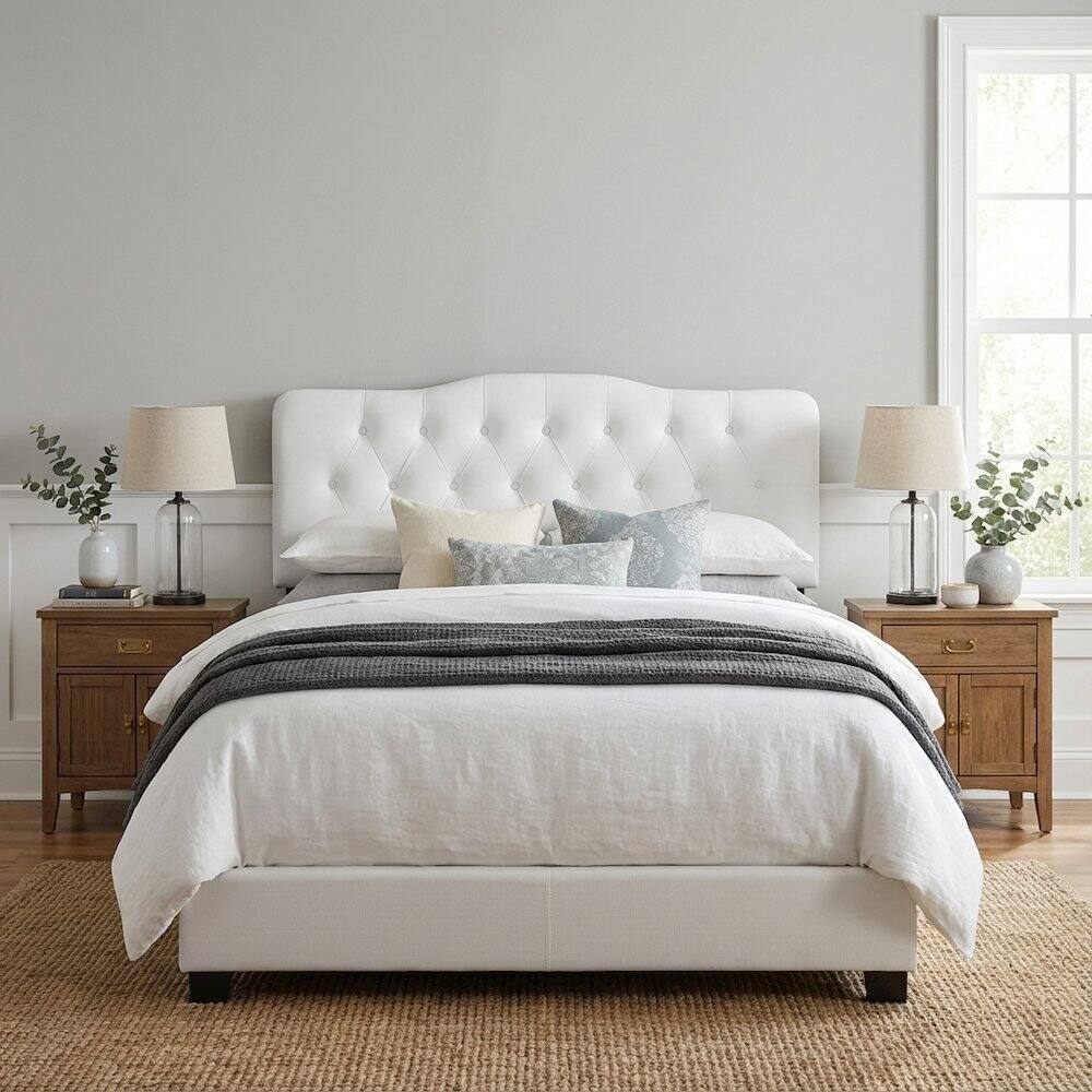 Left. FurniFact - Upholstered Vinyl King Headboard with Durable Finish and Contemporary Design - White.