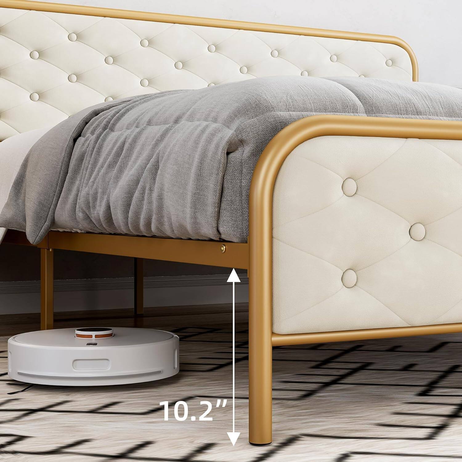 Alt View 2. GARVEE - Velvet King Bed Frame with Golden Base and Tufted Headboard, Sturdy Wood Slats, Noise-Free Platform Design - Beige.