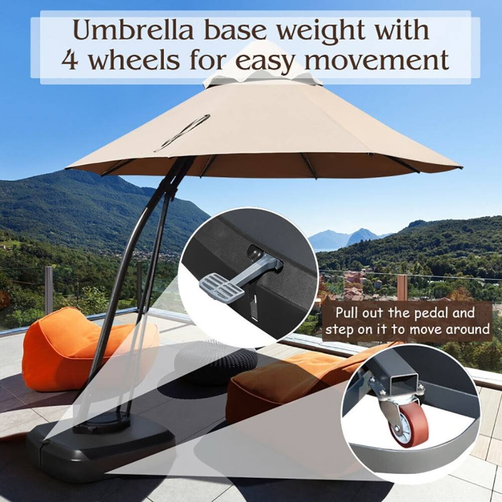 Umbrella base weight with 4 wheels for easy movement. Pull out the pedal and step on it to move around.
