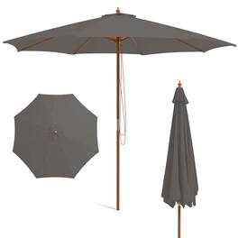 Costway - 10FT Patio Wooden Market Table Umbrella Pulley with 8 Bamboo Ribs Sunshade Canopy - Gray