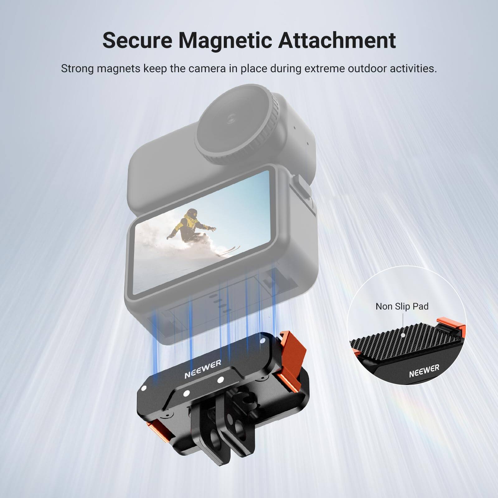 Secure Magnetic Attachment  
Strong magnets keep the camera in place during extreme outdoor activities.  

Non Slip Pad  
NEEWER