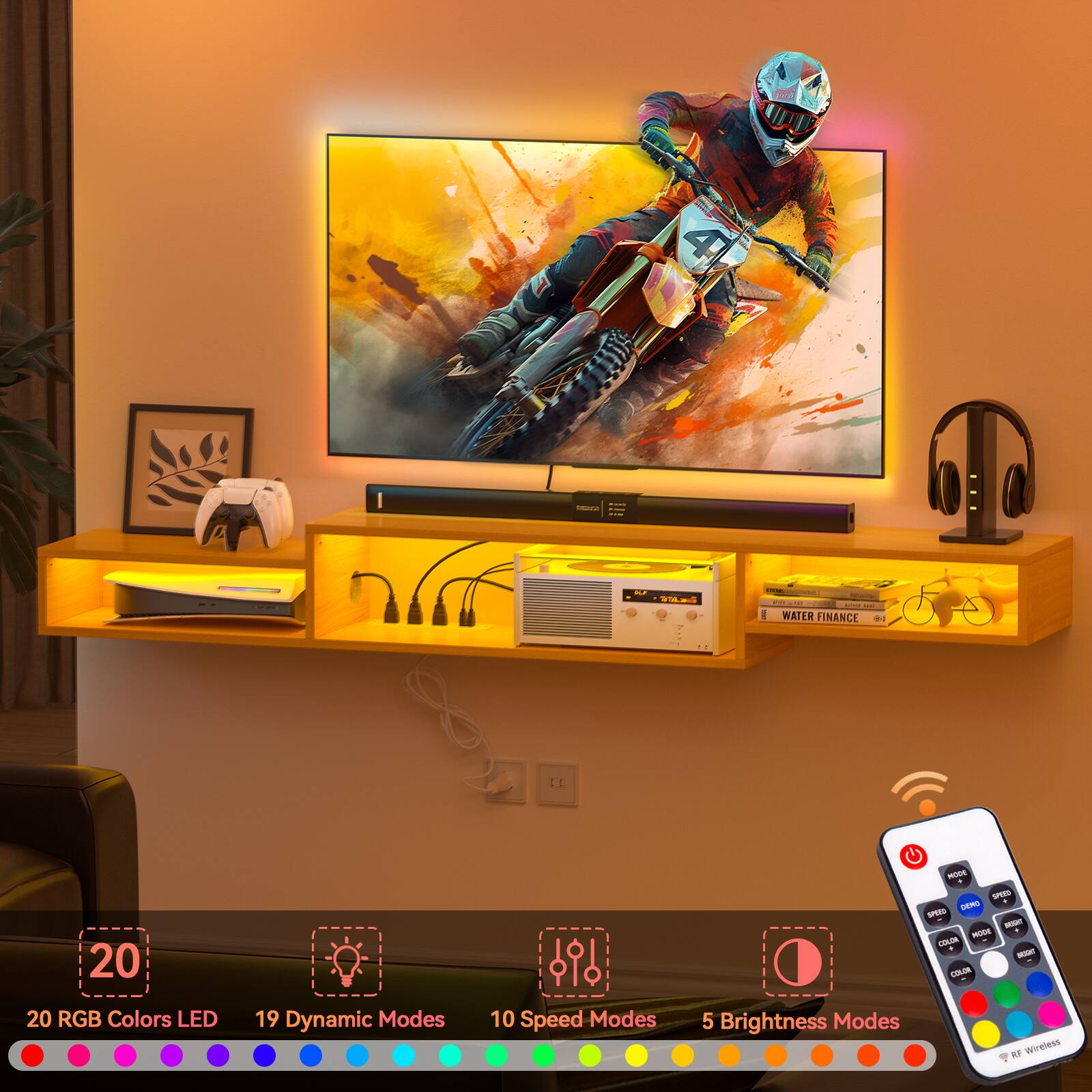 - H F . | I I I WATER FINANCE
- 20 RGB Colors LED
- 19 Dynamic Modes
- 10 Speed Modes
- 5 Brightness Modes
- RF Wireless