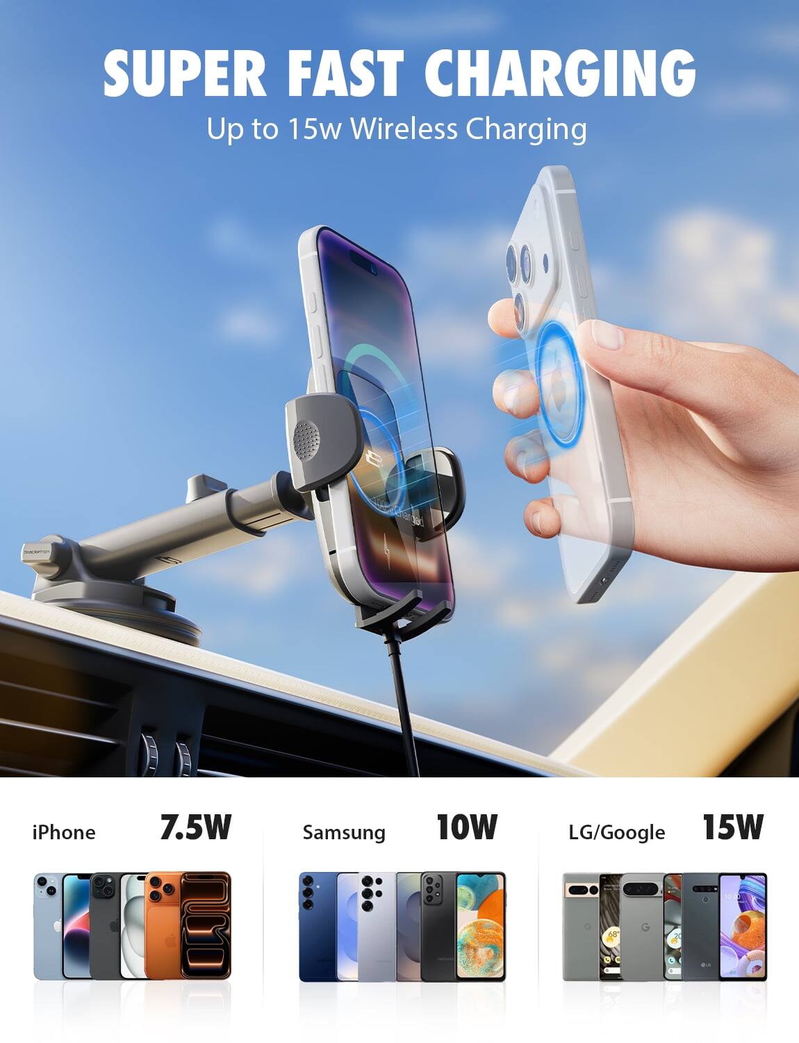 SUPER FAST CHARGING  
Up to 15w Wireless Charging  

iPhone 7.5W  
Samsung 10W  
LG/Google 15W
