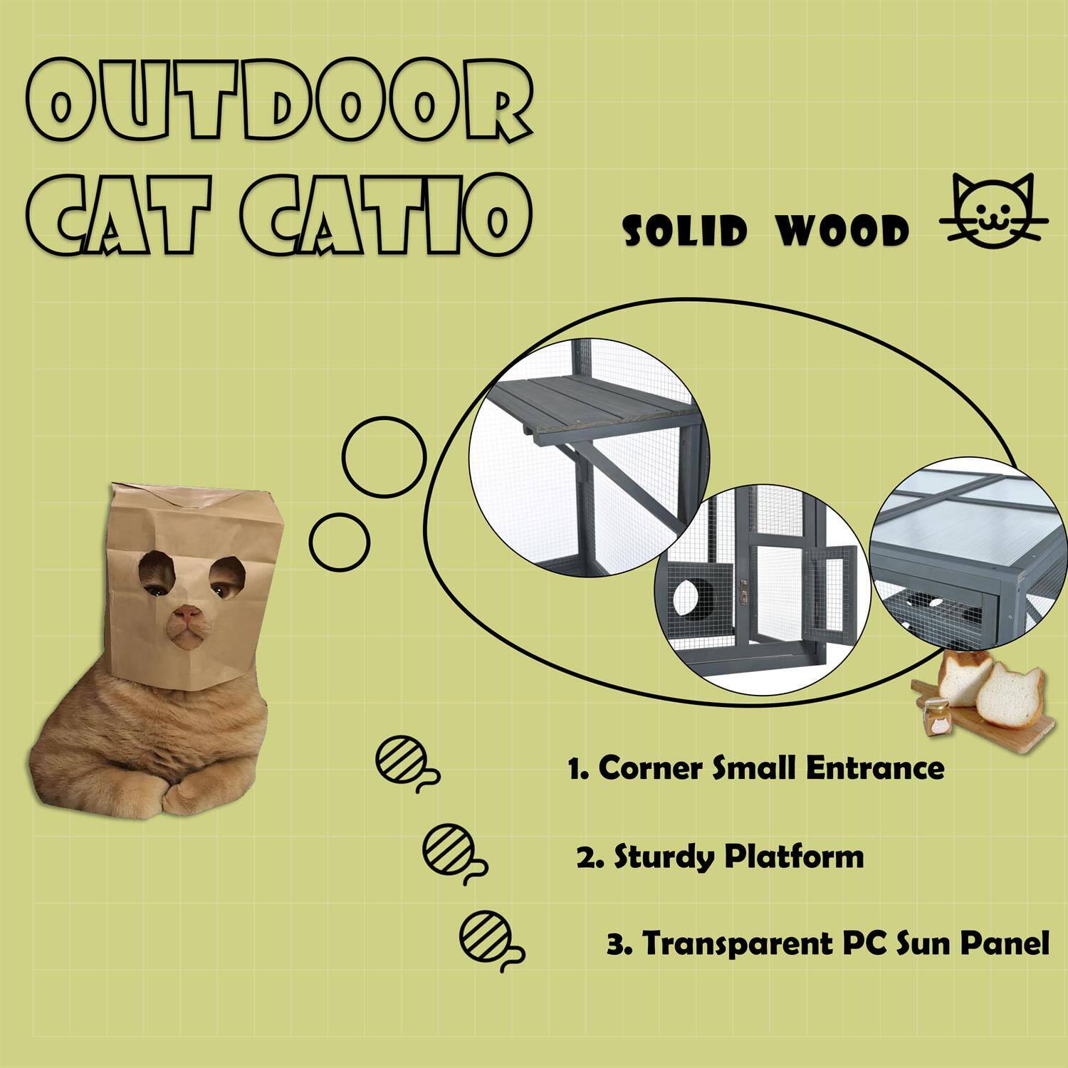 OUTDOOR CAT CATIO  
SOLID WOOD  

1. Corner Small Entrance  
2. Sturdy Platform  
3. Transparent PC Sun Panel