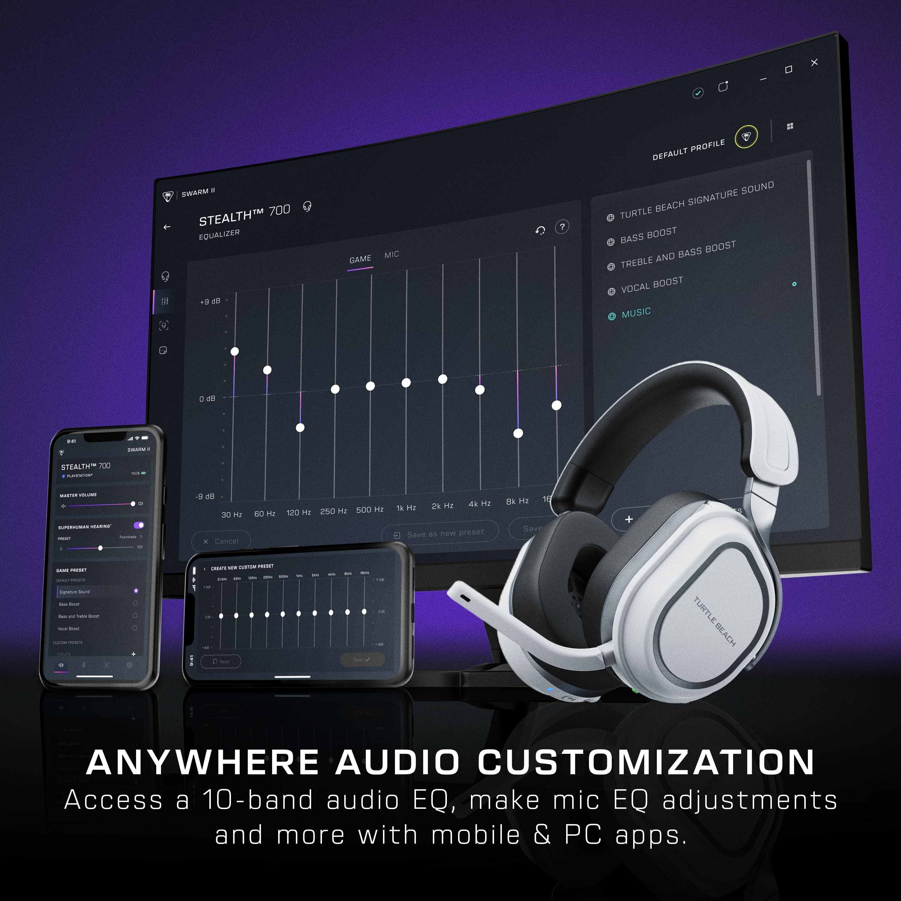 The text on the image is grouped and corrected as follows:
"Anywhere Audio Customization Access a 10-band audio EQ, make mic EQ adjustments and more with mobile & PC apps."
