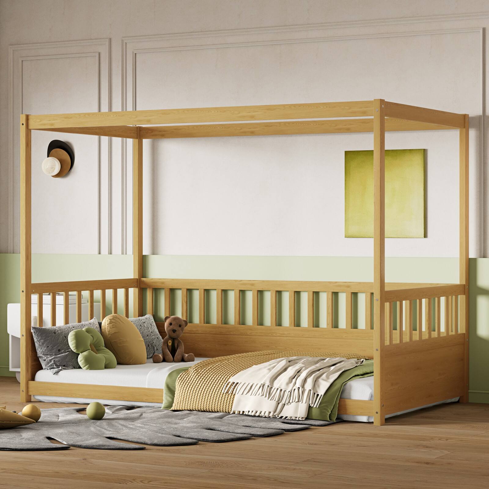 Alt View 4. Ecooso - Twin Size Canopy Bed Frame with Guardrails for Kids,Floor Bed Twin with Four Poster Design，Wood Canopy Bed Frame - Natural Wood.