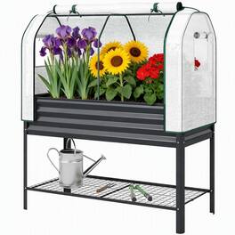 RYHNUYNE - Raised Garden Bed with Legs and PE Greenhouse Cover, Elevated Planter Box with Mesh Shelf, 47.2 Inch Metal - Black