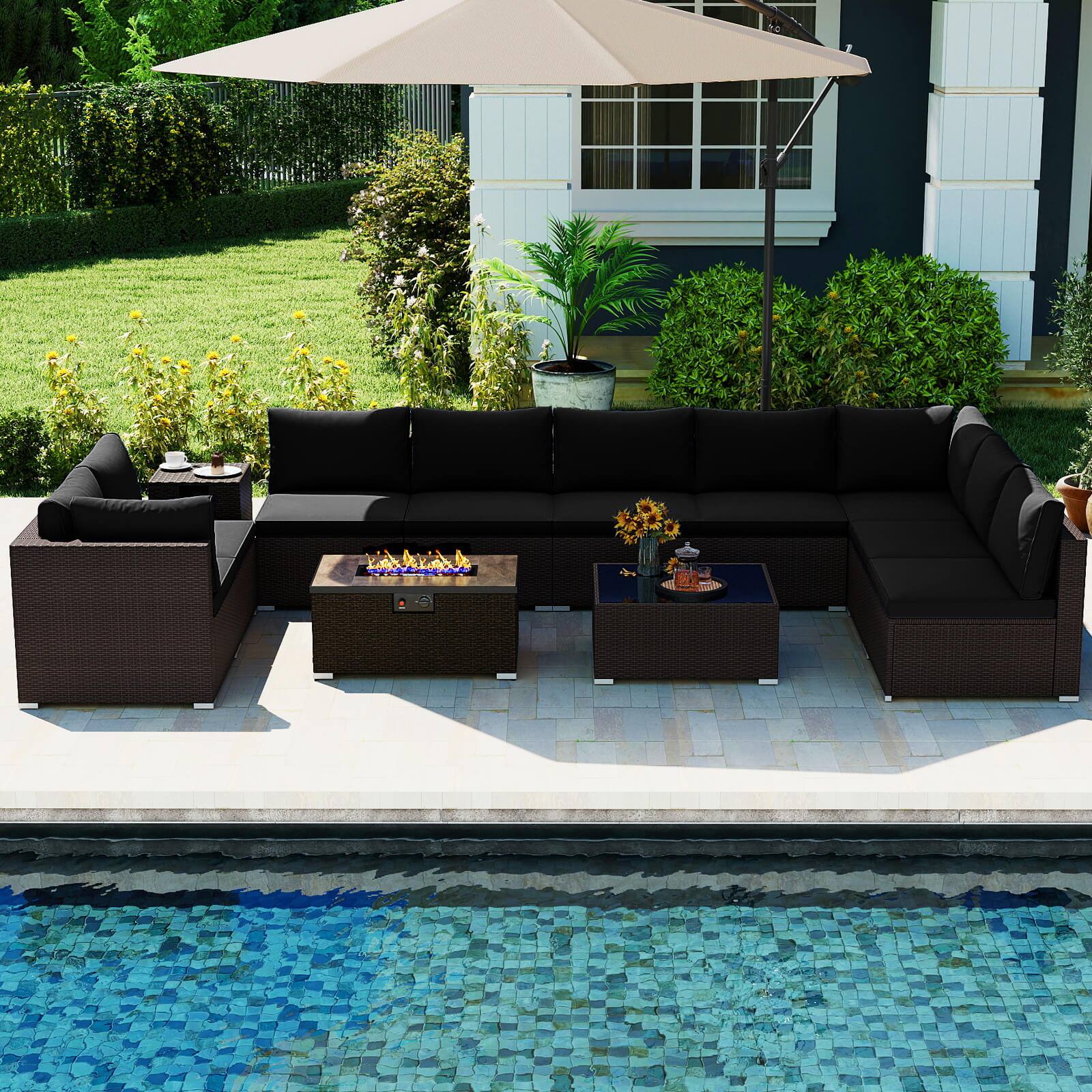 Alt View 3. Costway - Costway 12 PCS Patio Wicker Sectional Sofa Set with 32" Propane Fire Pit Table Tank Holder - Black.
