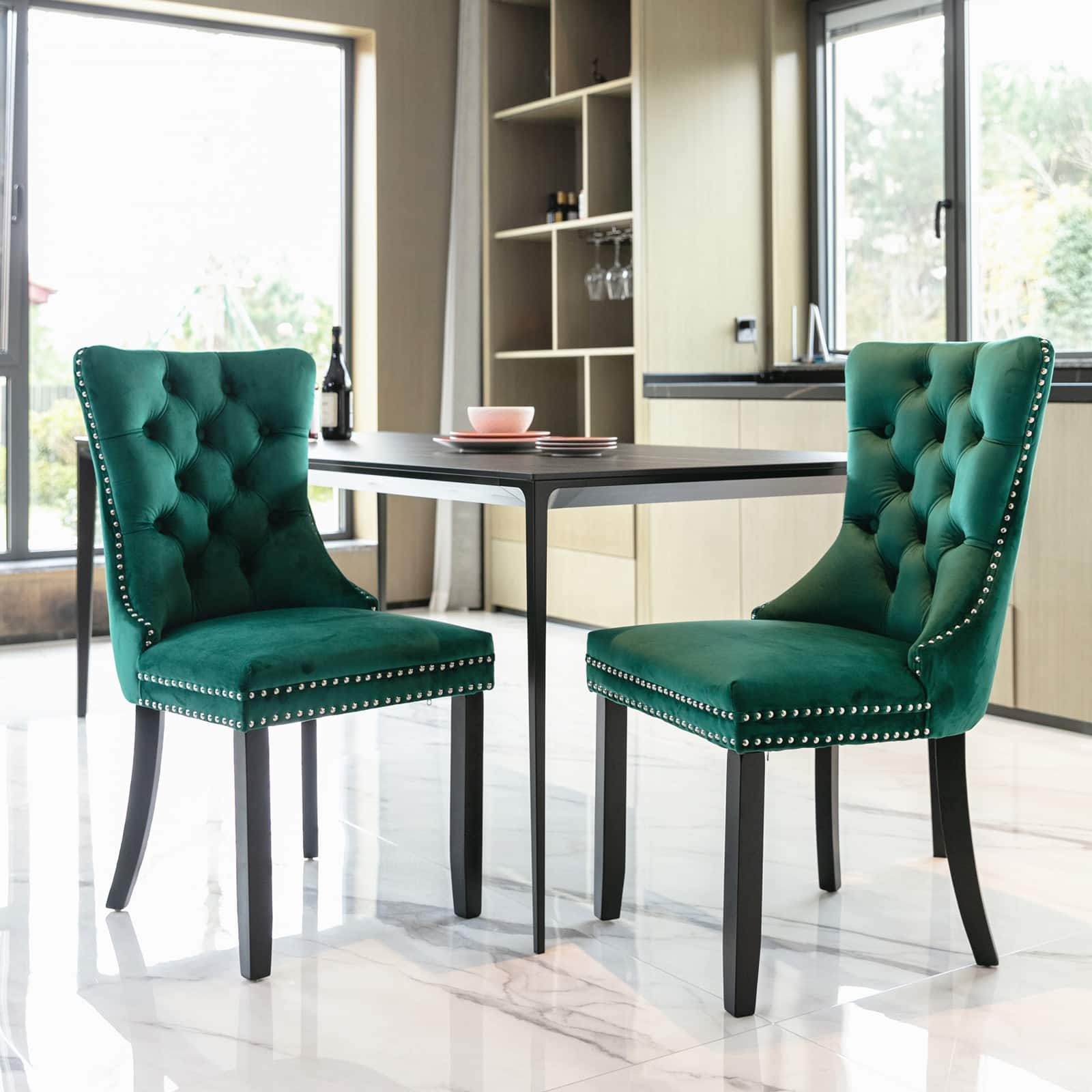 Lirago - Upholstered Dining Chairs Set of 2 Modern High End Tufted Velvet with Solid Wood Legs and Nailhead Trim - Green