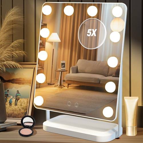 Pacoar Cade - Hollywood Vanity Mirrors with Lights Lighted Makeup Mirror Touch Control Light Degree Rotation Facial for Bedroom - 12 Bulbs