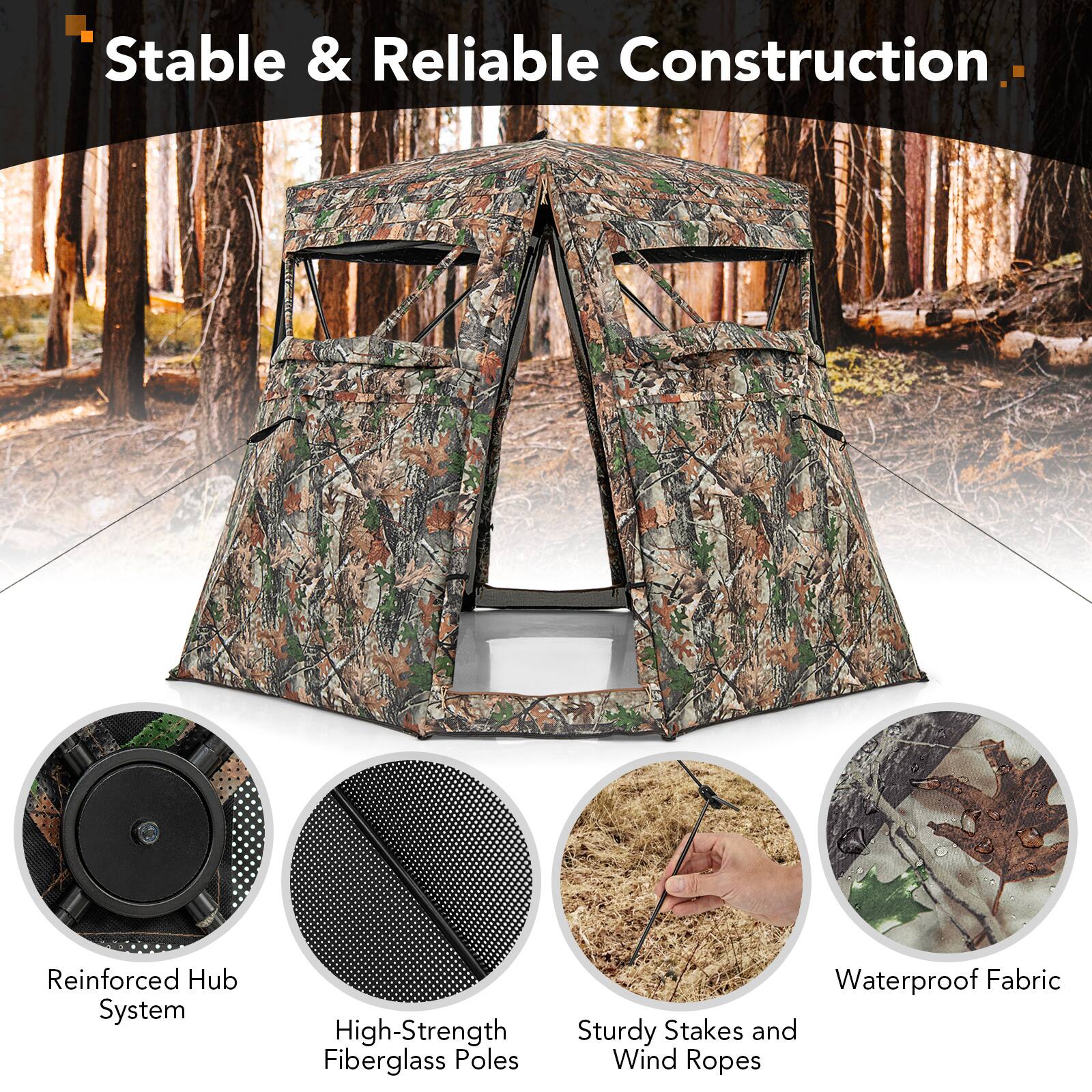 Stable & Reliable Construction  
Reinforced Hub System  
High-Strength Fiberglass Poles  
Sturdy Stakes and Wind Ropes  
Waterproof Fabric